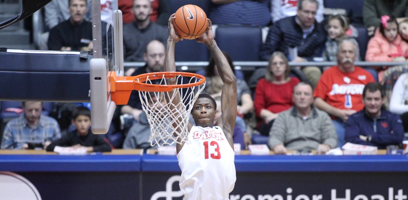 Dayton's Kostas Antetokounmpo dunks against Wagner on Saturday, Dec. 23, 2017, at UD Arena.