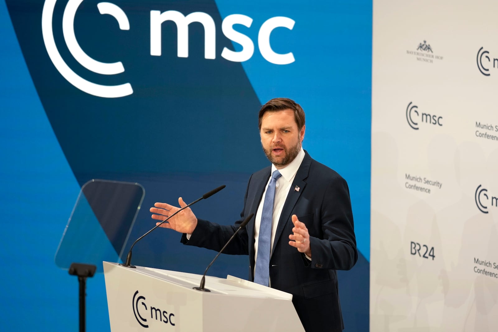 United States Vice-President JD Vance addresses the audience during the Munich Security Conference at the Bayerischer Hof Hotel in Munich, Germany, Friday, Feb. 14, 2025. (AP Photo/Matthias Schrader)