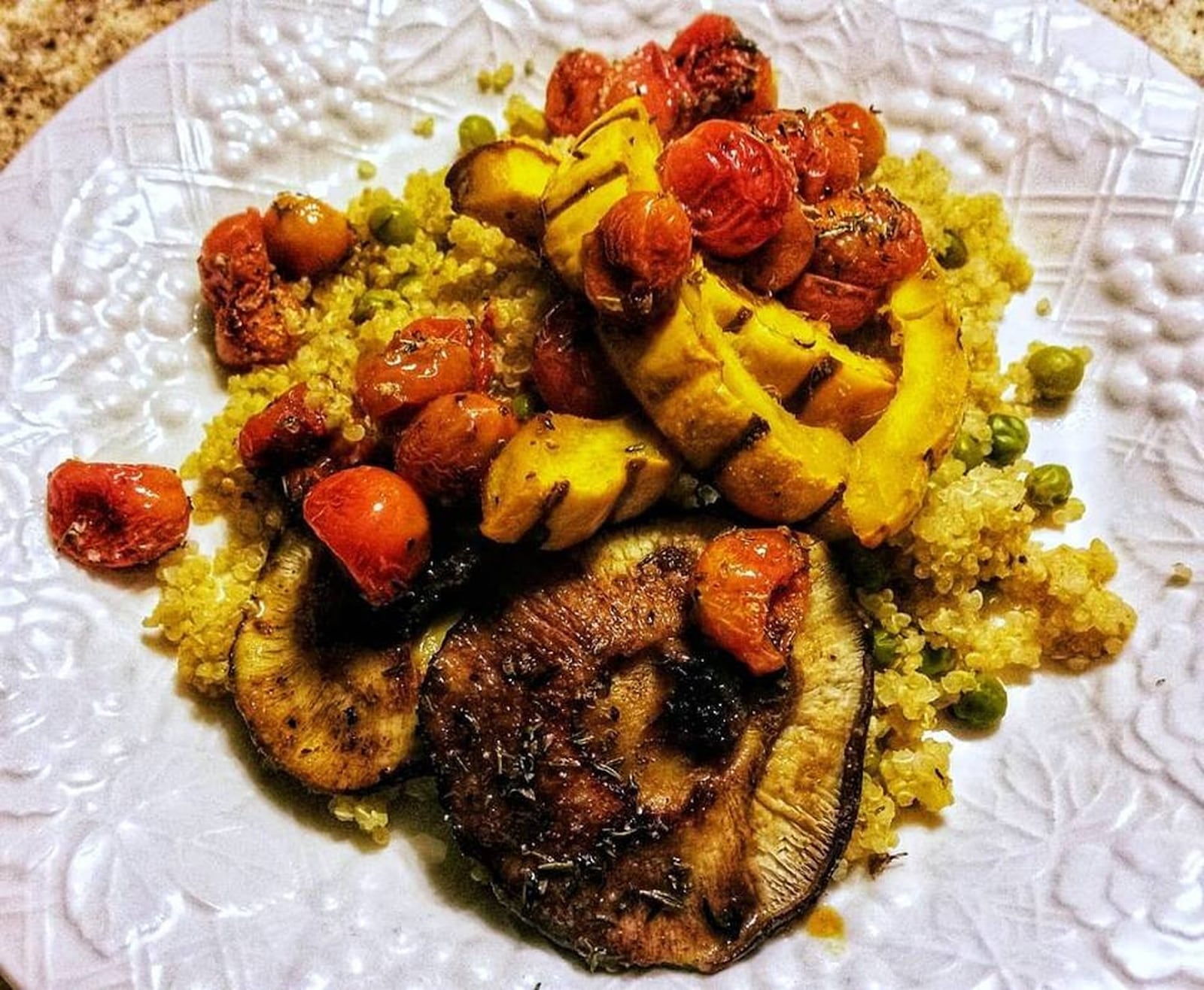 Rosemary quinoa and peas with roasted squash, mushrooms, and balsamic roasted tomatoes, made by Chef Da’Ves Malone of Sprouting Dreams LLC. CONTRIBUTED