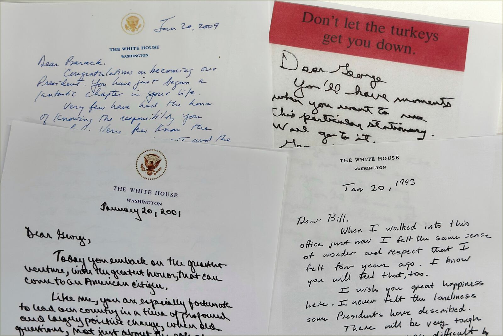 Letters from former presidents left for their successors are photographed Saturday, Jan 18, 2025, in Washington. Every president since Ronald Reagan has left a note for his successor, and President Joe Biden could be the first to write a letter to someone who is both his successor and the predecessor who left a note for him. (AP Photo/Jon Elswick)