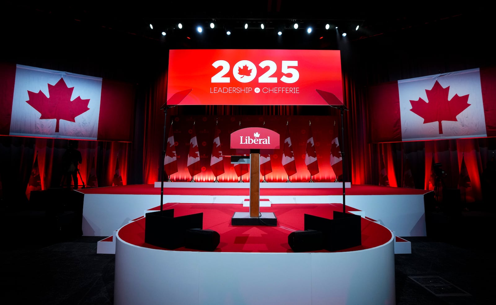 Final preparations are made for the Liberal leadership announcement in Ottawa on Sunday, March 9, 2025. (Sean Kilpatrick/The Canadian Press via AP)