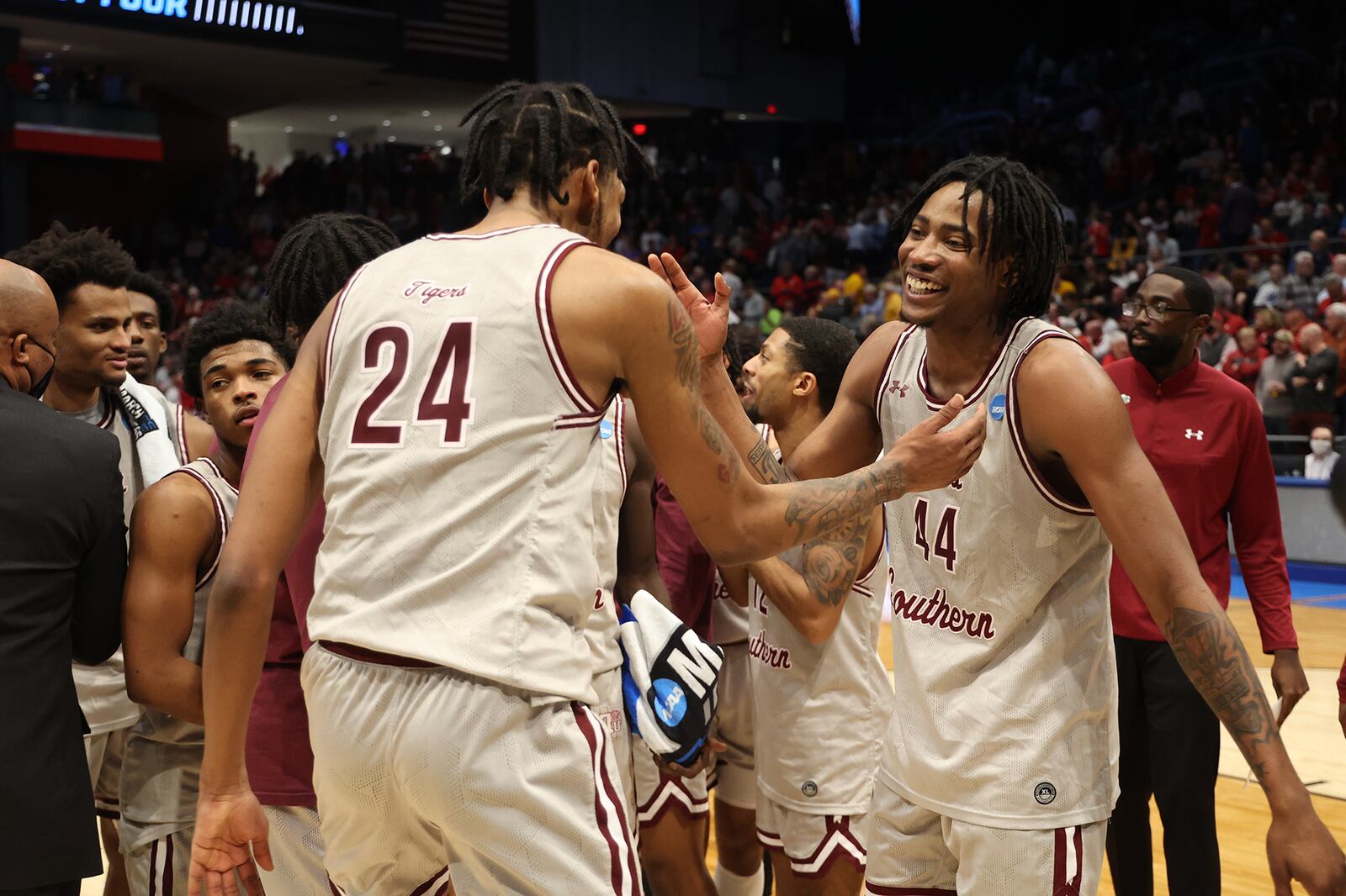 Texas Southern's John Walker and Brison Gresham celebrate after their victory over Texas A&M. BILL LACKEY/STAFF