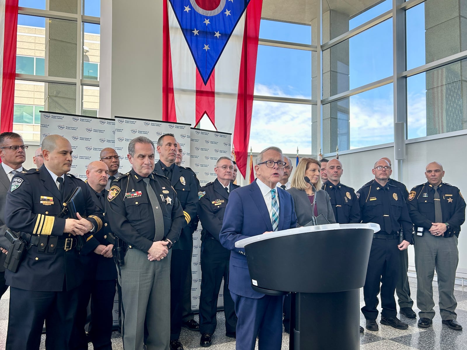 Ohio Republican Gov. Mike DeWine signed an executive order Thursday that created a free law enforcement accreditation program administered by the state. He was joined by leaders of 10 different police agencies across Ohio, including the chiefs of Dayton, Springfield and Fairborn police departments. March 21, 2024.