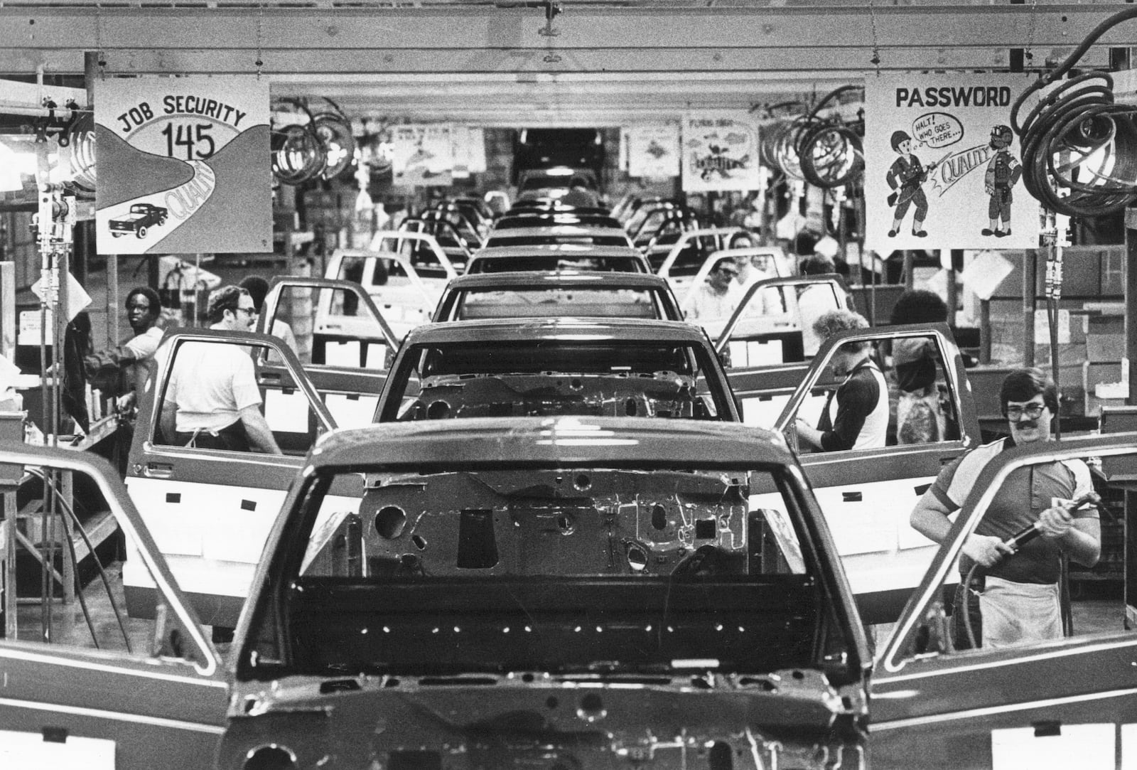 New Chevrolet S-10 pickup truck roll down the assembly line in 1981, shortly after production of the trucks started at the GM Moraine assembly plant.  Photo by Skip Peterson