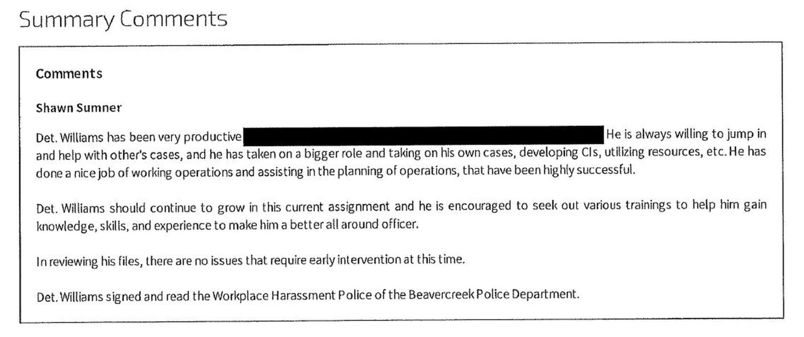 A portion of the 2017 job performance review for Beavercreek police detective Sean Williams, written by Sgt. Shawn Sumner .