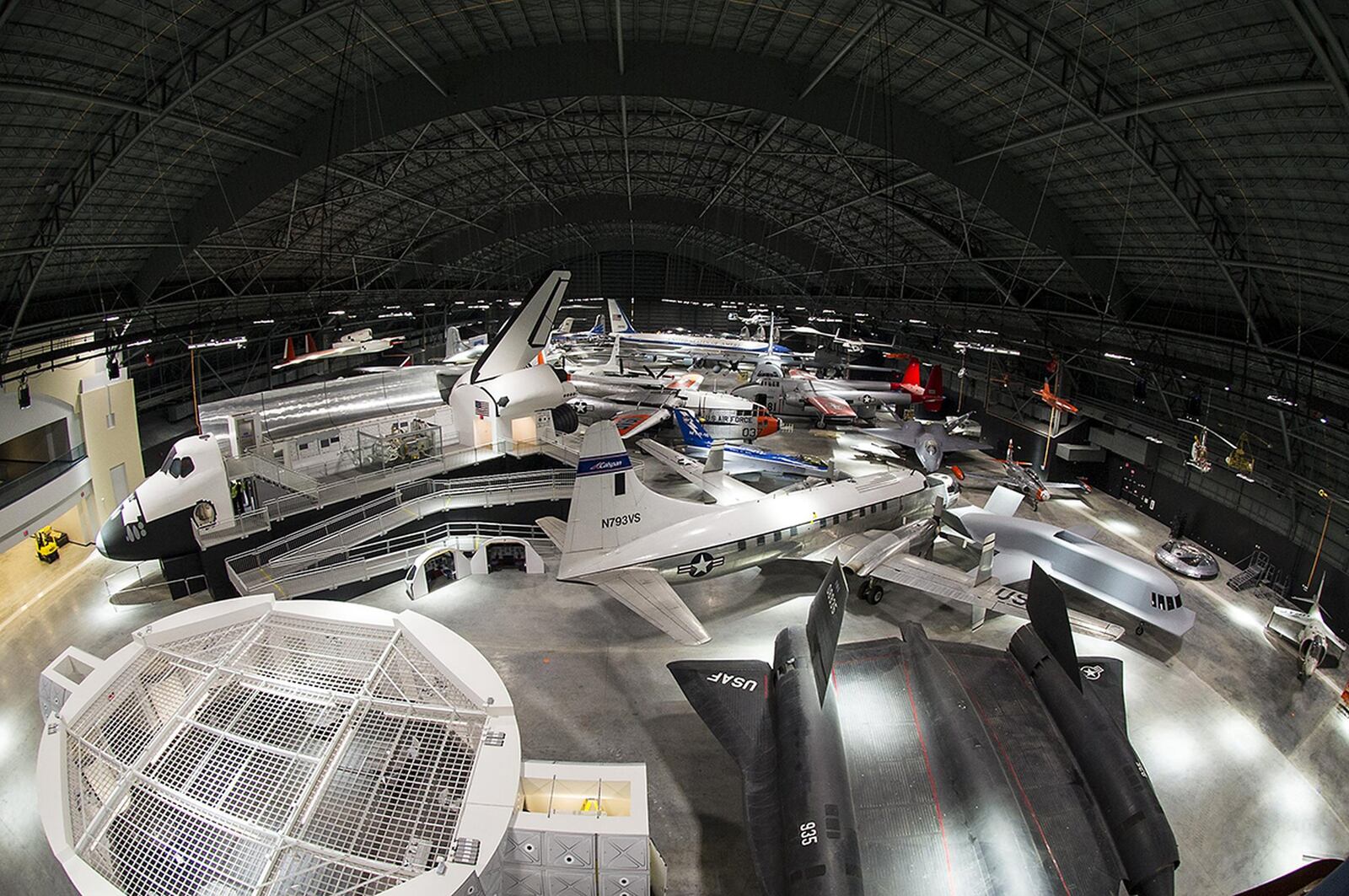 An overhead interior view of the fourth building at the National Museum of the U.S. Air Force. The fourth building includes more than 70 aircraft in four new galleries – Presidential, Research & Development, Space and Global Reach. (U.S. Air Force photo/Ken LaRock)