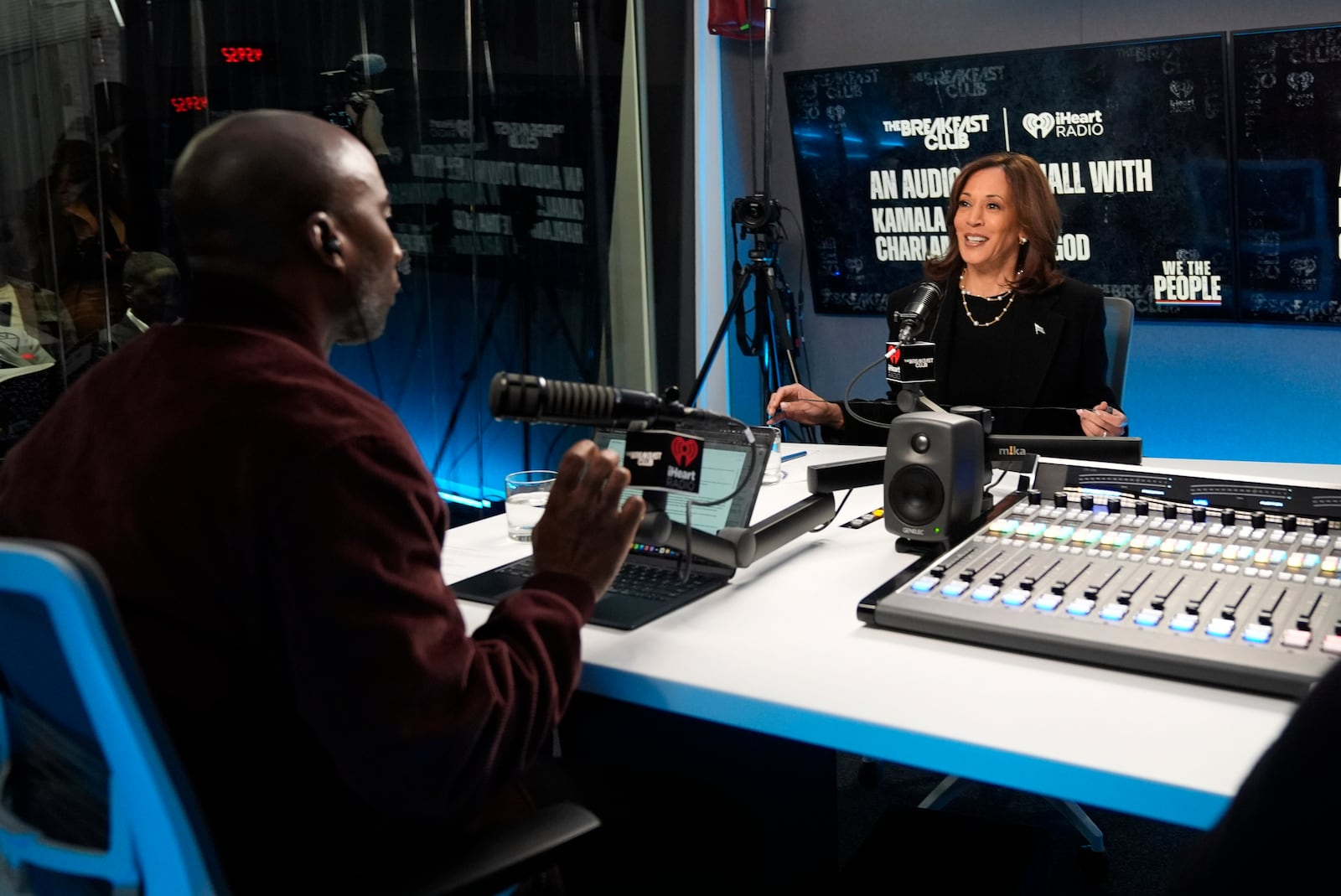 Democratic presidential nominee Vice President Kamala Harris, participates in an interview with Charlamagne Tha God, co-host of iHeartMedia's morning show The Breakfast Club, in Detroit, Tuesday, Oct. 15, 2024. (AP Photo/Jacquelyn Martin)