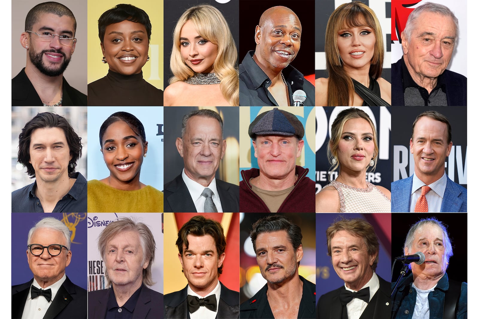 This combination of photos shows, top row from left, Bad Bunny, Quinta Brunson, Sabrina Carpenter, Dave Chappelle, Miley Cyrus, Robert De Niro, second row from left, Adam Driver, Ayo Edebiri, Tom Hanks, Woody Harrelson, Scarlett Johansson, Peyton Manning, and bottom row from left, Steve Martin, Paul McCartney, John Mulaney, Pedro Pascal, Martin Short and Paul Simon. (AP Photo)