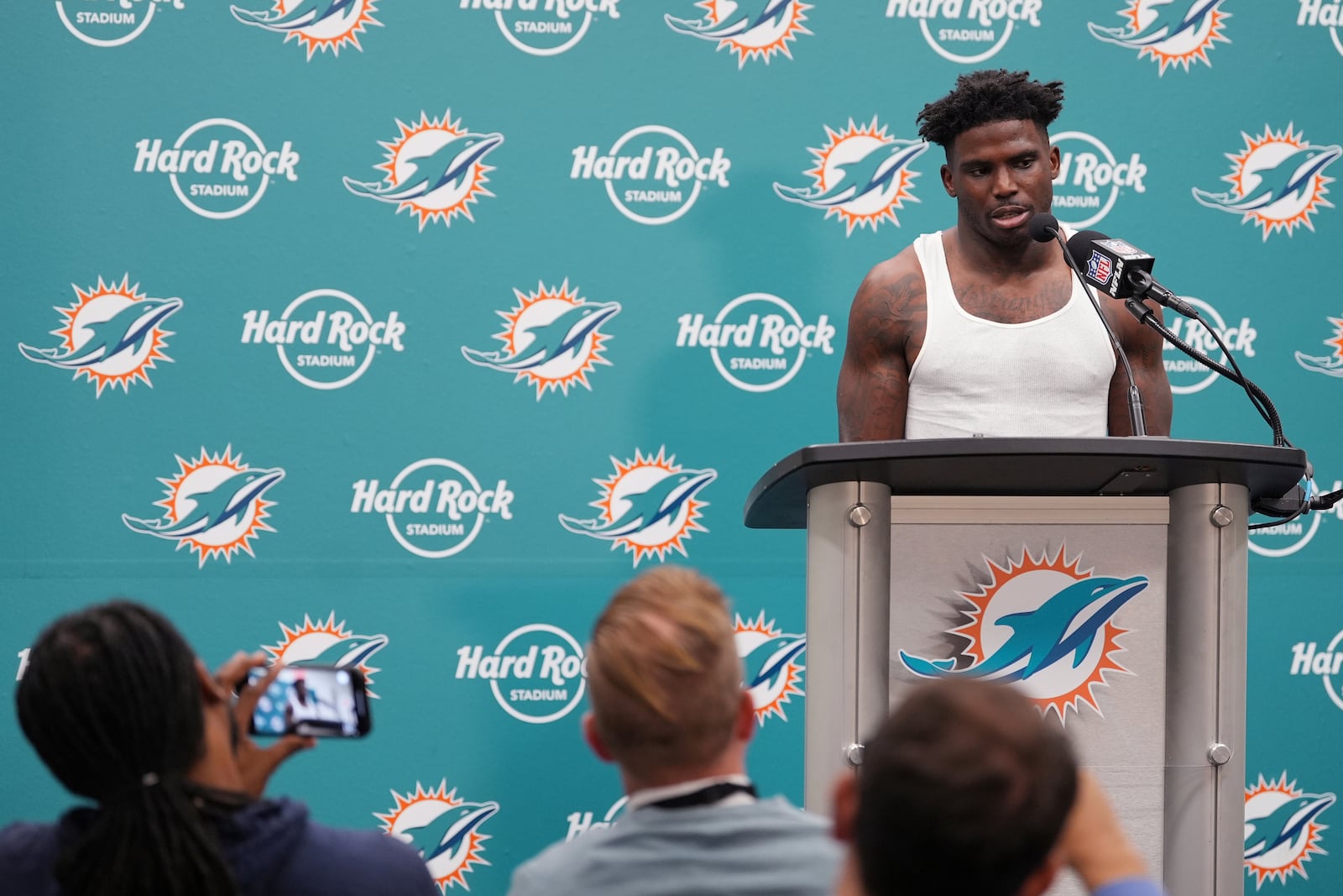 Miami Dolphins wide receiver Tyreek Hill speaks during a news conference following an NFL football game against the San Francisco 49ers Sunday, Dec. 22, 2024, in Miami Gardens, Fla. (AP Photo/Rebecca Blackwell)