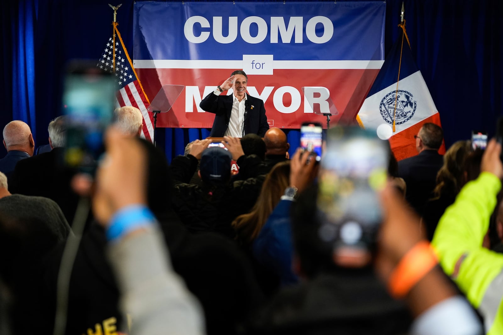 Former New York Gov. Andrew Cuomo speaks at the New York City District Council of Carpenters while campaigning for mayor of New York City, Sunday, March 2, 2025. (AP Photo/Julia Demaree Nikhinson)