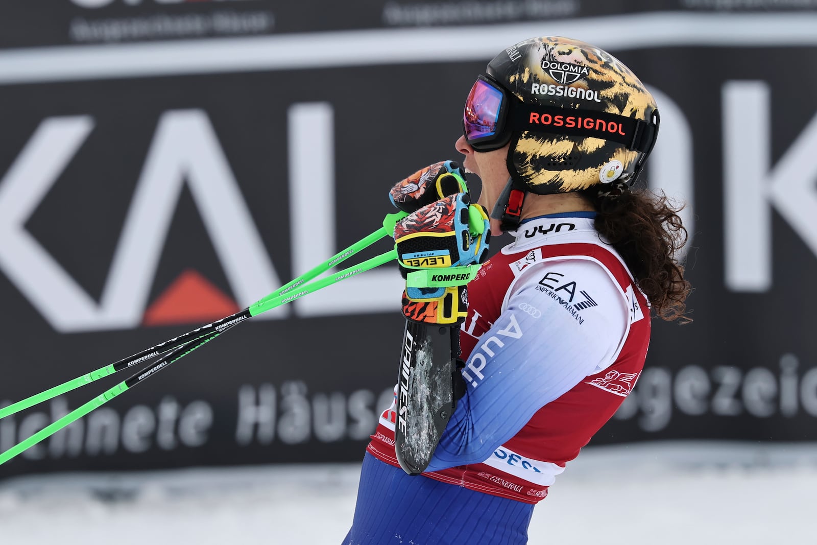 Italy's Federica Brignone reacts after completing an alpine ski, women's World Cup giant slalom, in Sestriere, Italy, Saturday, Feb. 22, 2025. (AP Photo/Marco Trovati)