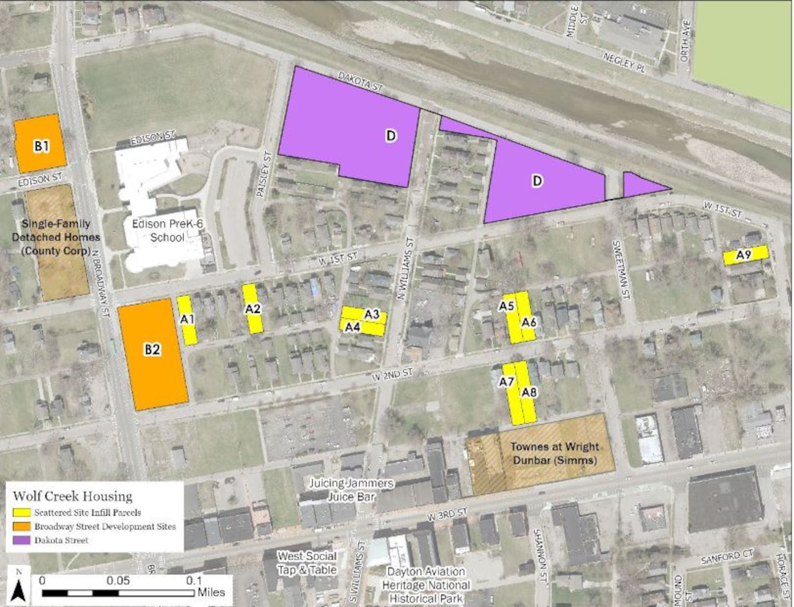 A map showing the sites Dayton would like to see turned into new housing in the Wolf Creek neighborhood in West Dayton. CONTRIBUTED