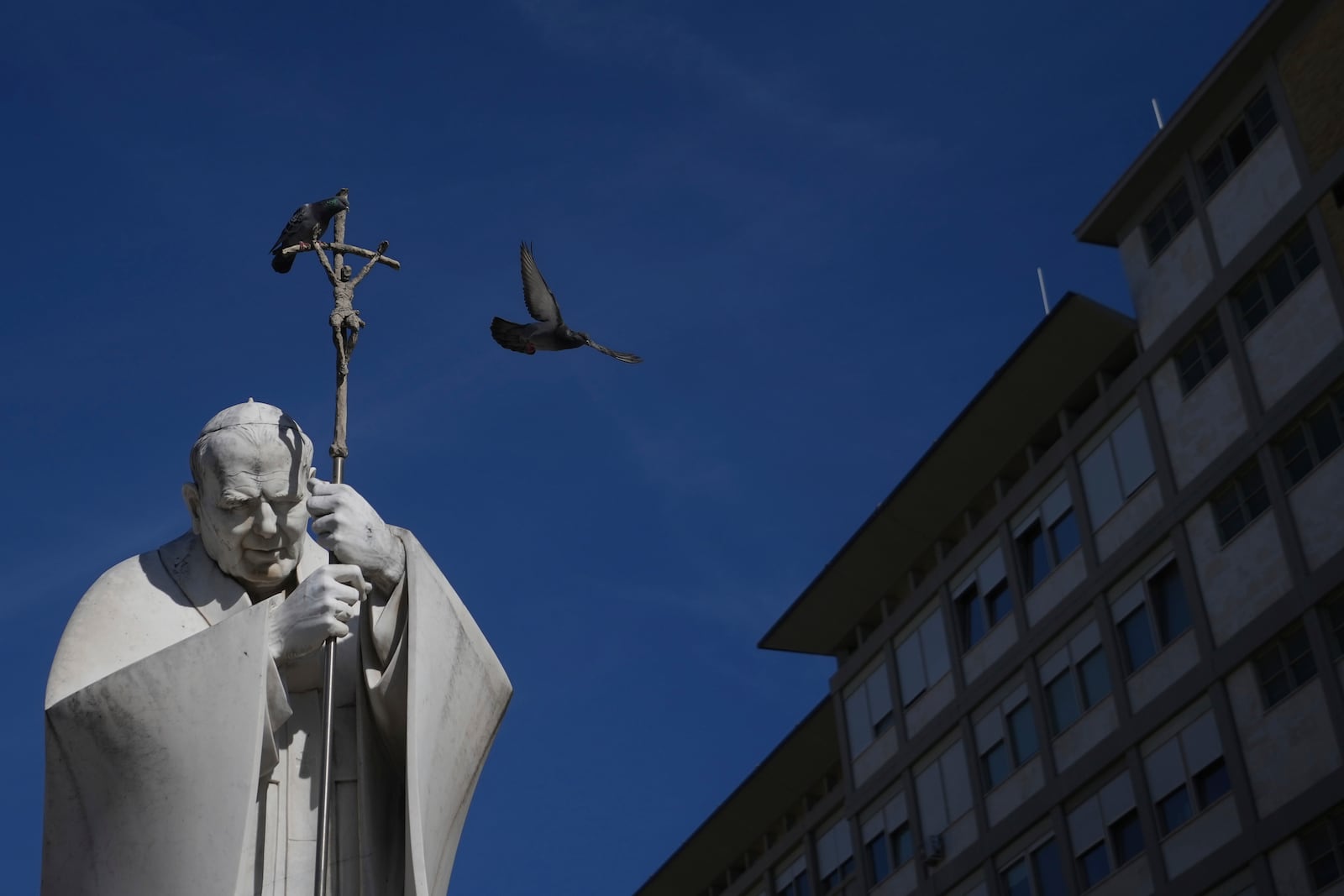 A marble statue of late Pope John Paul II offers an advantage point to pidgeons in front of the Agostino Gemelli Polyclinic in Rome, Sunday, Feb. 16, 2025, where Pope Francis was hospitalised Friday after a week-long bout of bronchitis worsened and is receiving drug therapy for a respiratory tract infection that made impossible for him to attend the traditional Sunday public blessing after the noon Angelus prayer. (AP Photo/Alessandra Tarantino)