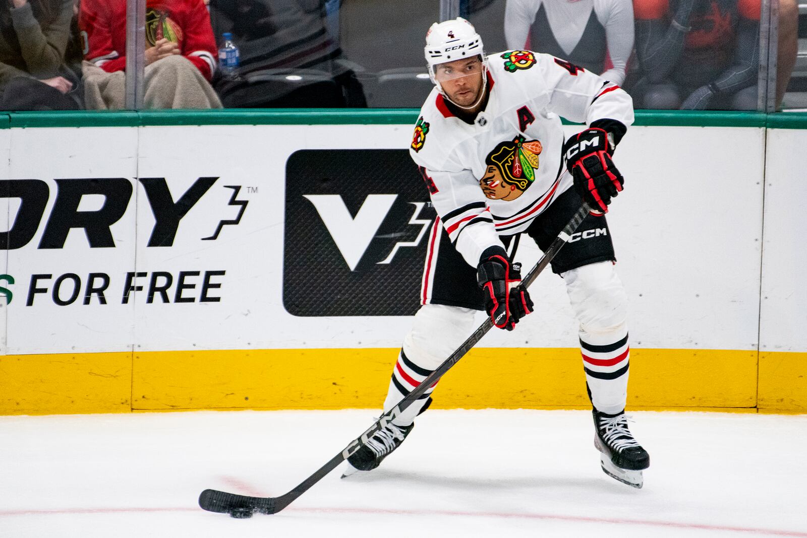 FILE - Chicago Blackhawks defenseman Seth Jones (4) looks to pass the puck to a teammate during the second period of an NHL hockey game against the Dallas Stars, Saturday, Oct. 26, 2024, in Dallas. (AP Photo/Emil T. Lippe, File)