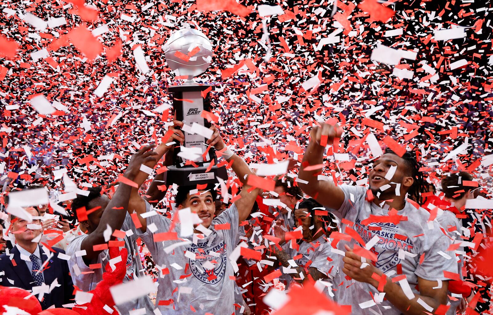 St. John's guard RJ Luis Jr. celebrates with Zuby Ejiofor after winning the Big East regular season conference title NCAA college basketball game against Seton Hall, Saturday, March 1, 2025, in New York. (AP Photo/Noah K. Murray)