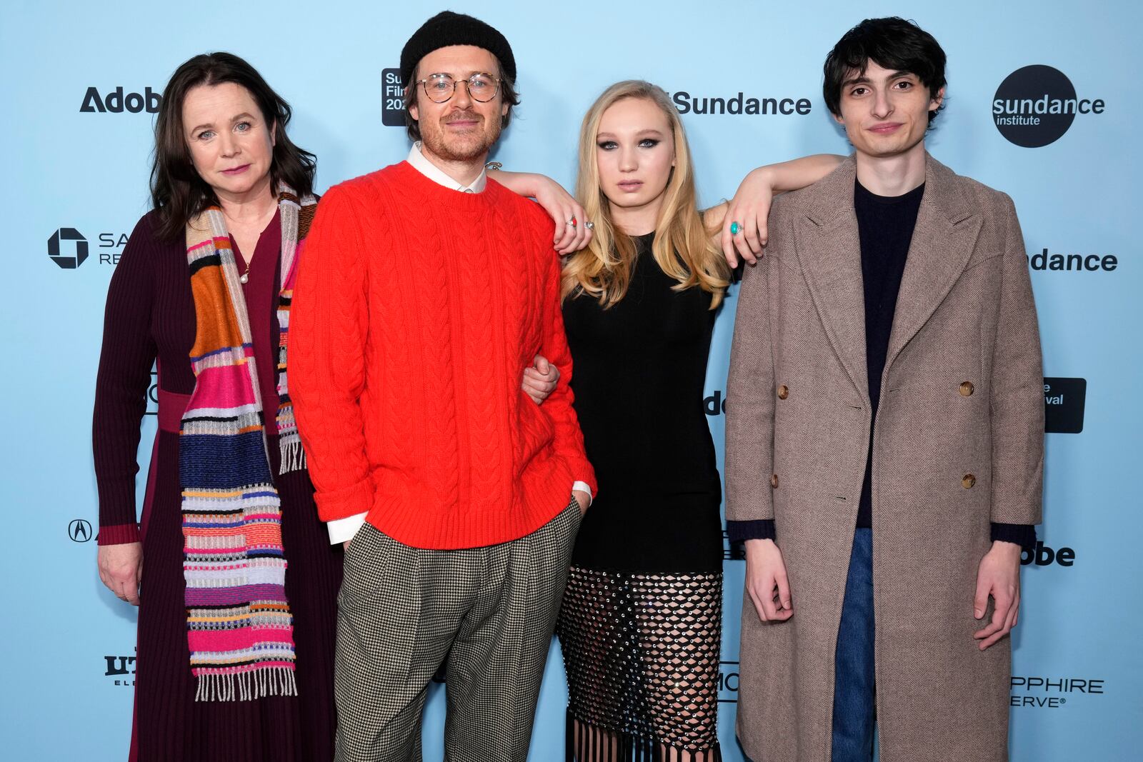 Emily Watson, from left, Isaiah Saxon, Helena Zengel and Finn Wolfhard attend the premiere of "The Legend of Ochi" during the Sundance Film Festival on Sunday, Jan. 26, 2025, at the Library Center Theatre in Park City, Utah. (Photo by Charles Sykes/Invision/AP)