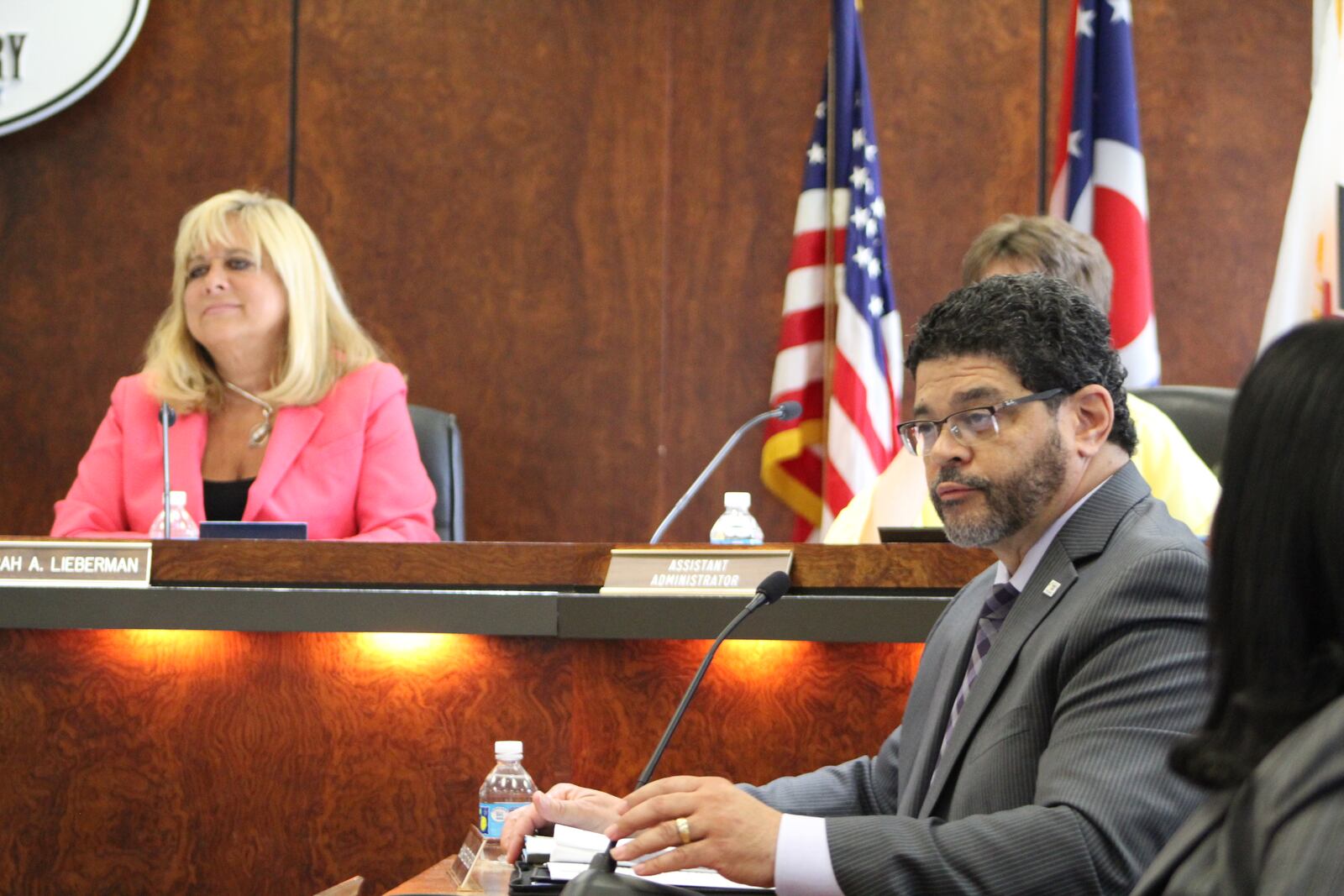 Montgomery County Commissioner Debbie Lieberman and assistant county administrator Tom Kelley in a photo from 2017. CORNELIUS FROLIK / STAFF