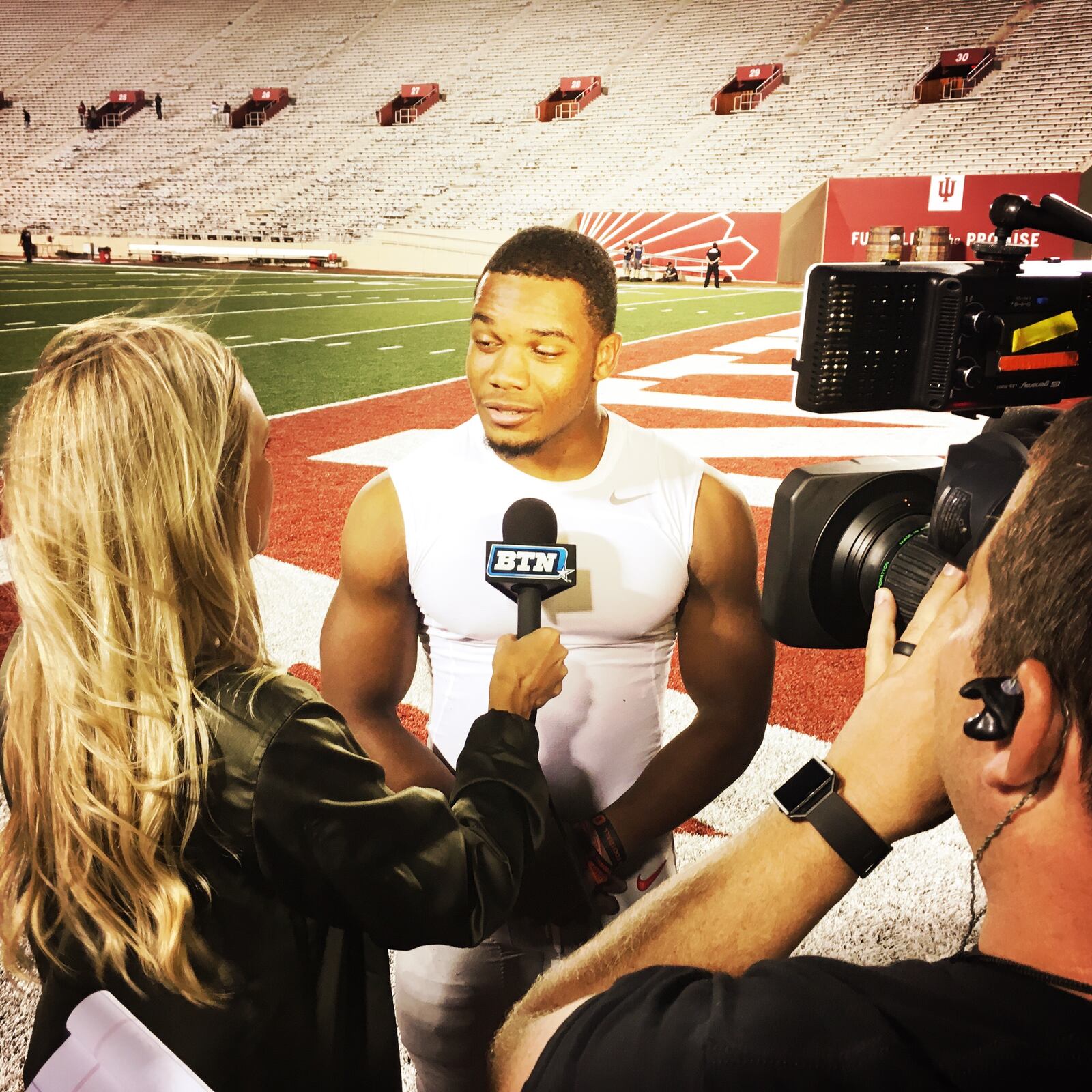 Ohio State's J.K. Dobbins talks to the Big Ten Network after a win at Indiana on Thursday, Aug. 31, 2017, in Bloomington, Ind.