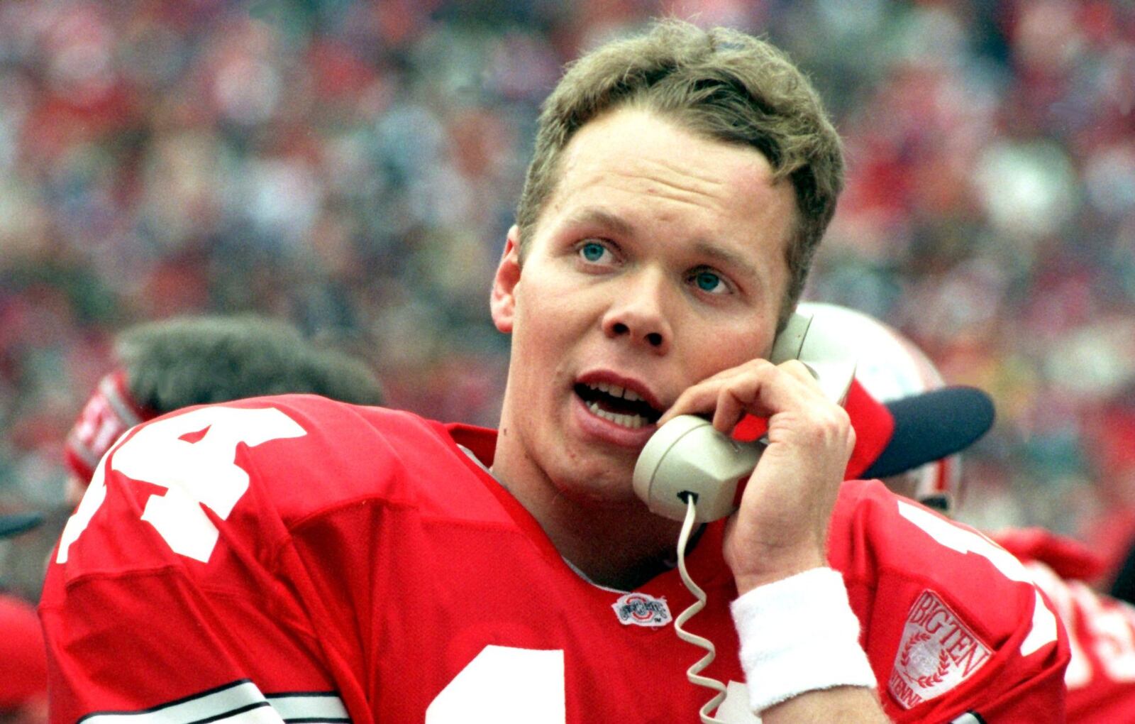 OHIO STATE QUARTERBACK, BOBBY HOYING, TALKS TO THE PRESS BOX DURING THE INDIANA GAME.