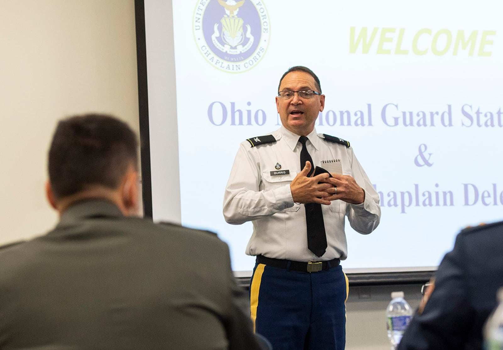 U.S. Army Col. Daniel Burris, chaplain for the Ohio National Guard’s Special Troops Command, provides introductions and remarks during his visit to Wright-Patterson Air Force Base with five members of the Serbian Armed Forces delegation May 11. U.S. AIR FORCE PHOTO/WESLEY FARNSWORTH