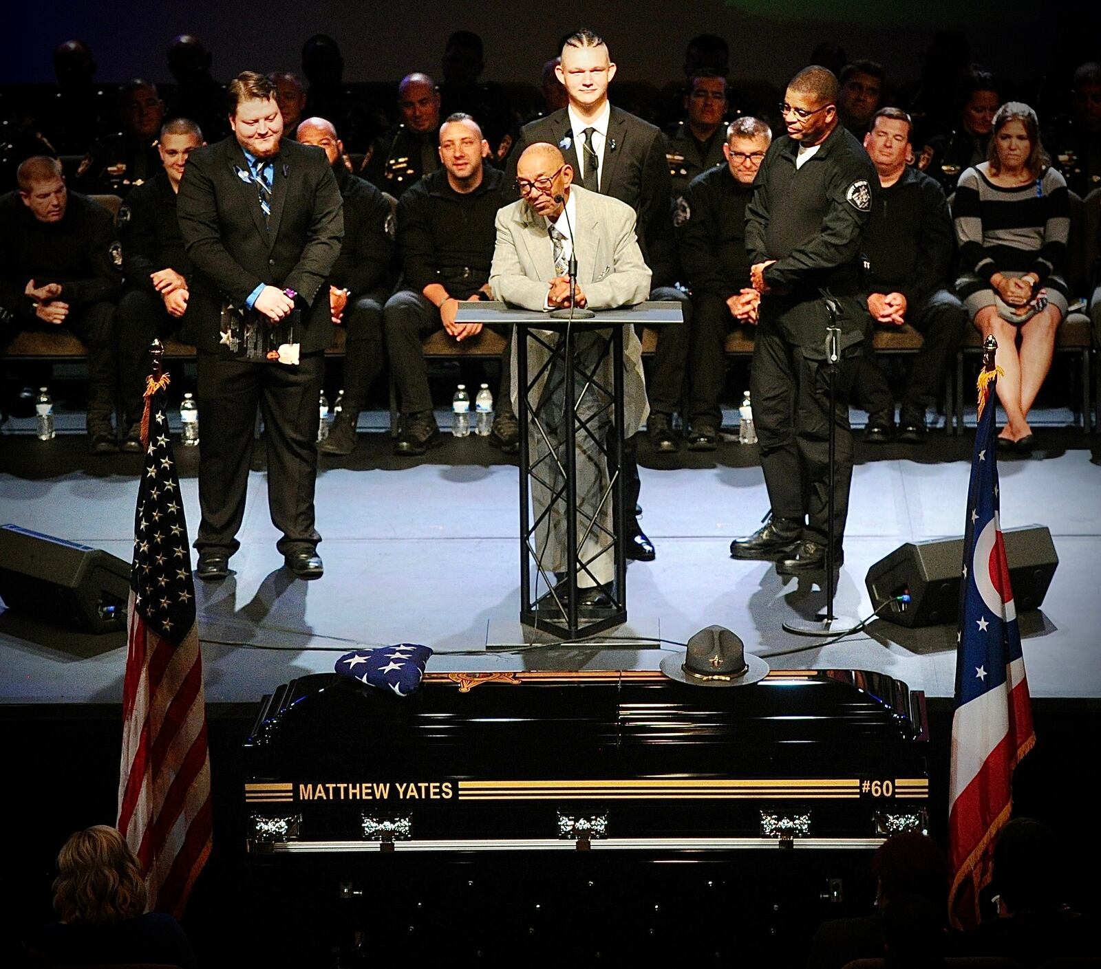 Eugene Yates, center, father of fallen Clark County deputy Matthew Yates remembers his son during the funeral. MARSHALL GORBY \STAFF