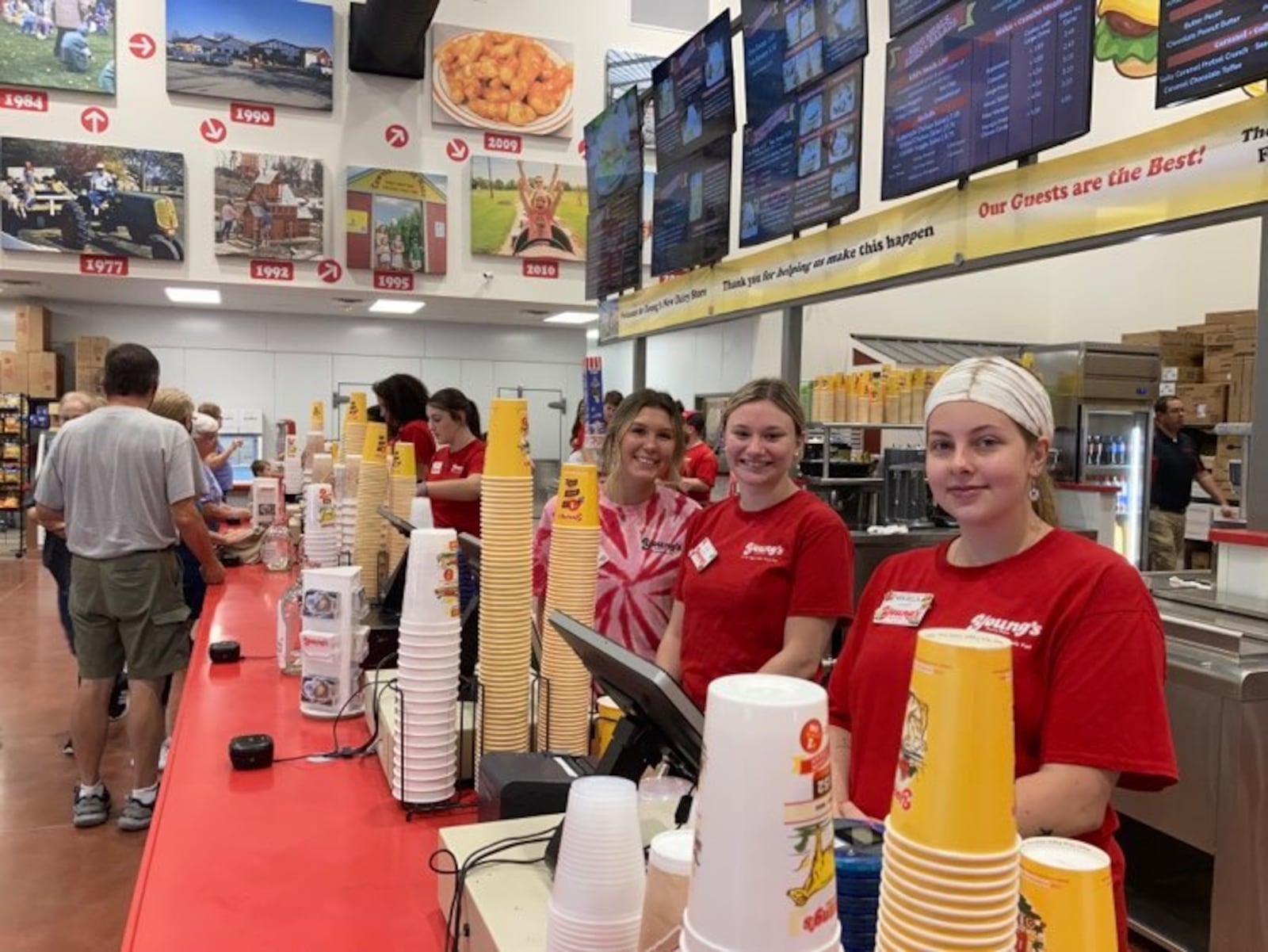 A steady stream of early customers began at 10 a.m. on Aug. 26, 2021 inside the new Young's Jersey Dairy facility situated directly behind what has been the dairy barn just outside of Yellow Springs since 1968.