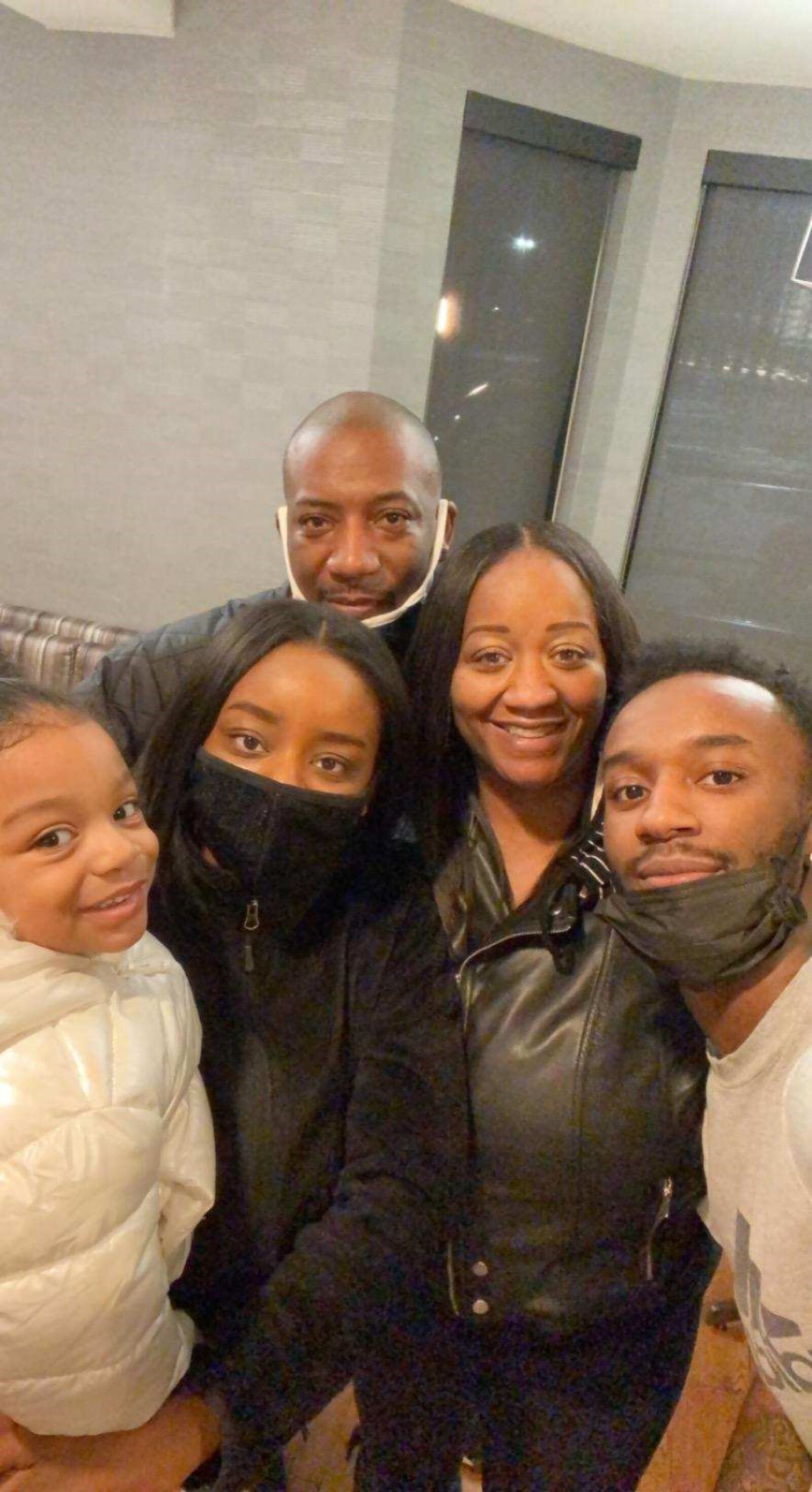 Amari Davis and his family took a selfie holiday photo at the University of Wisconsin Green Bay’s team hotel this past weekend as the Phoenix – led by 6-foot-3 guard Davis, the former Trotwood Madison star – played Wright State in games Saturday and Sunday.  Davis scored a career-high 35 points Sunday and had a team-high 13 points Saturday.
Pictured from left: Jaya (Amari’s niece), Ta’Rea (Amari’s sister), Lamar Sr. and Gerie (Amari’s parents) and Amari.