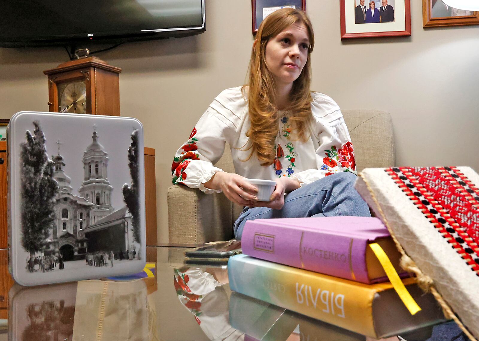 Abigail Rist, a student at Cedarville University from Ukraine, talks about her friends back home and their struggles since the Russian invasion Tuesday, Feb. 21, 2023. BILL LACKEY/STAFF