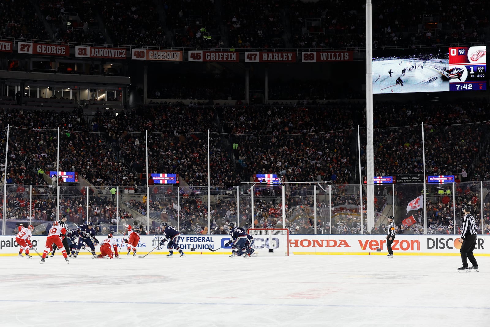 The Detroit Red Wings and the Columbus Blue Jackets play during the second period of the Stadium Series NHL hockey game at Ohio Stadium, Saturday, March 1, 2025, in Columbus, Ohio. (AP Photo/Jay LaPrete)