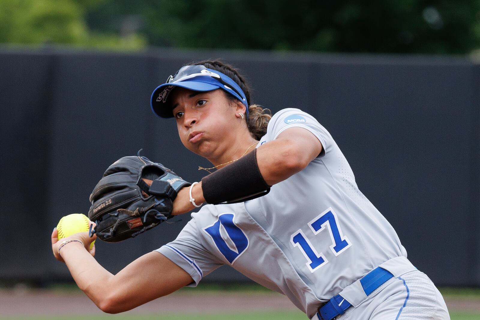 FILE - Duke's Aminah Vega (17) makes a throw during an NCAA regional softball game on Friday, May 17, 2024, in Durham, N.C. (AP Photo/Ben McKeown, File)