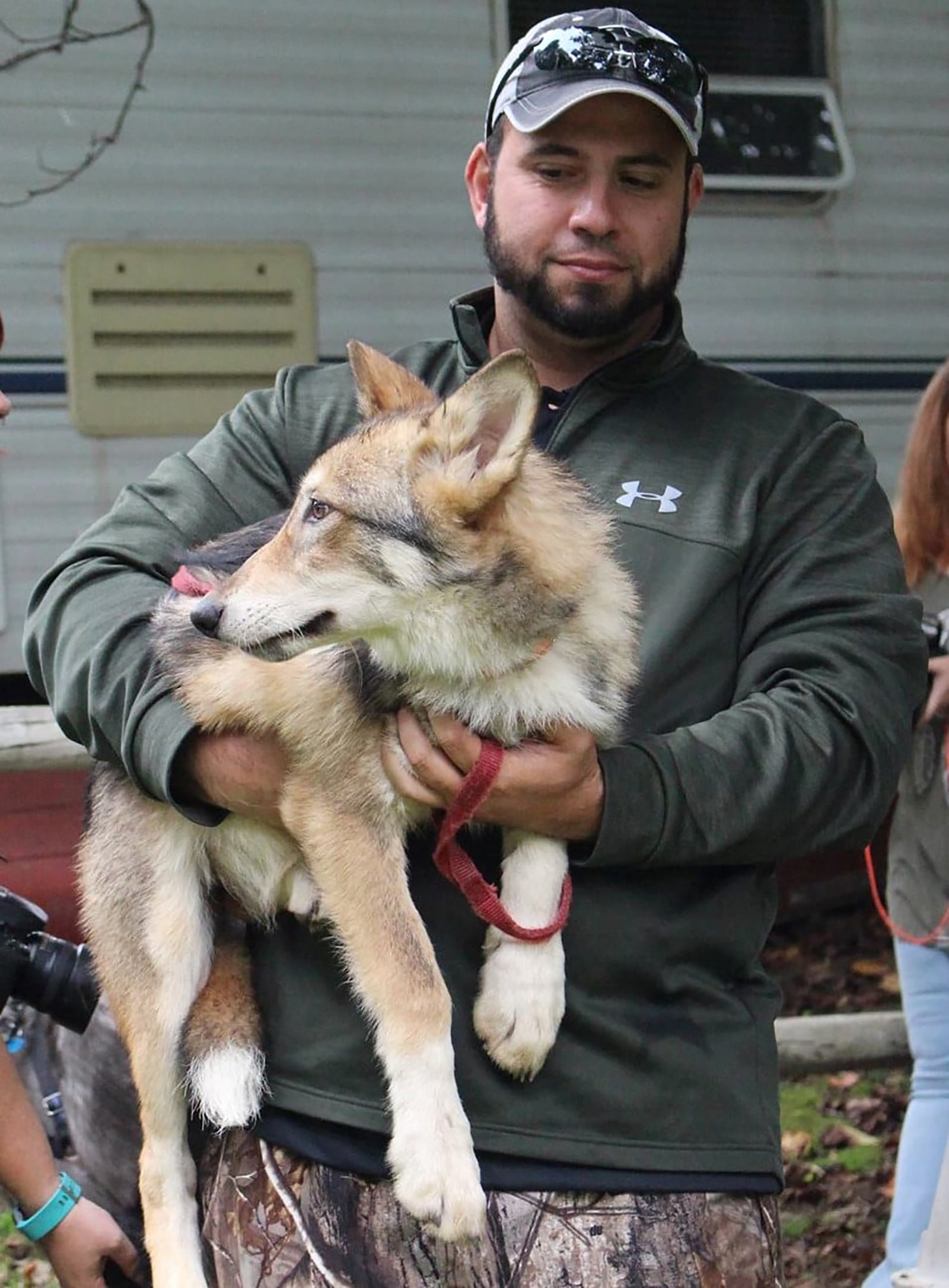 Pinon with a wolfdog pup. He takes dogs out in the public to help educate people and socialize them as well as to answer questions.