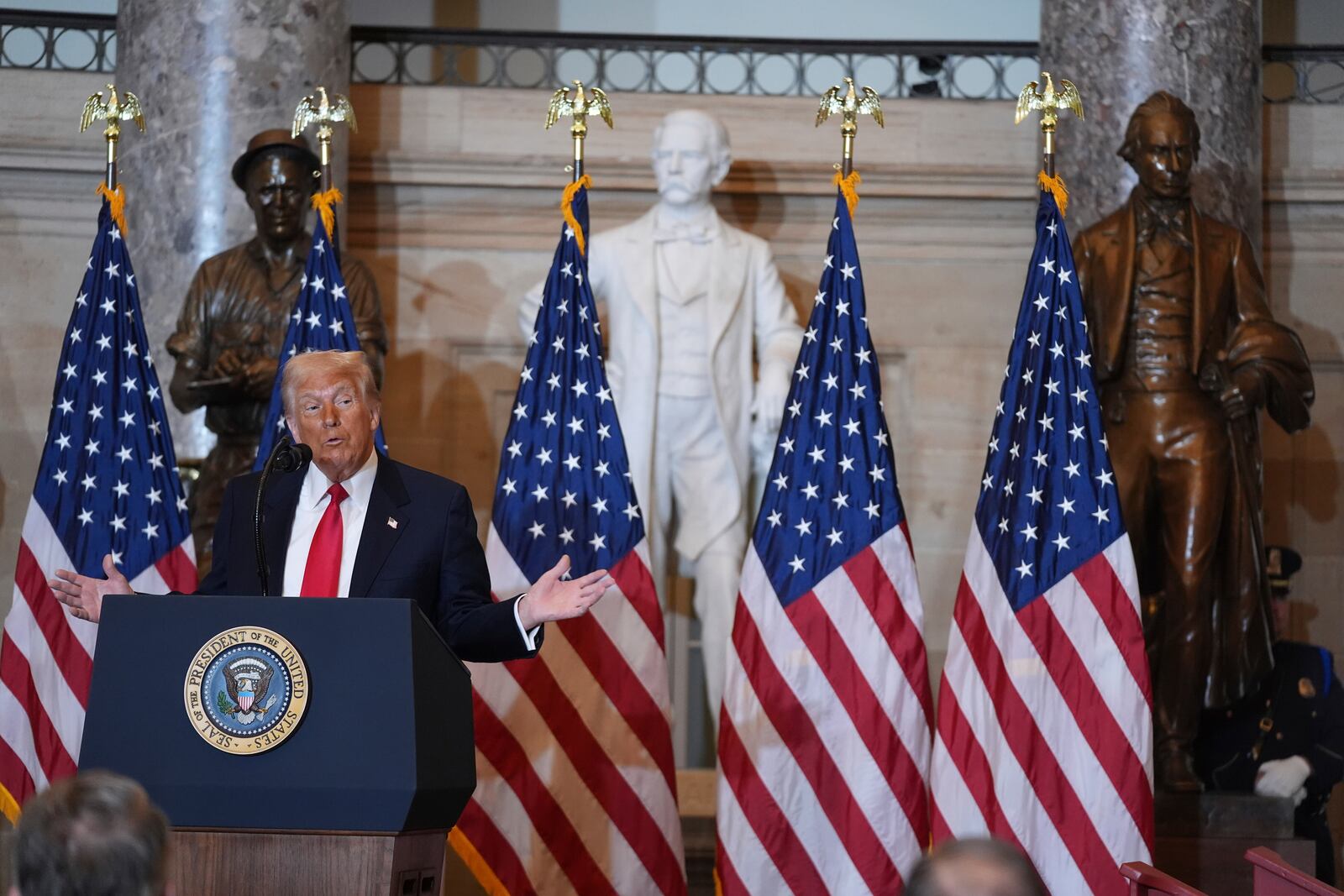 President Donald Trump speaks during the National Prayer Breakfast, at the Capitol in Washington, Thursday, Feb. 6, 2025. (AP Photo/Evan Vucci)