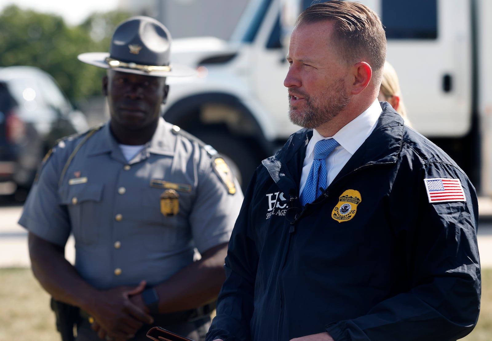 Jared Murphey, acting special agent in charge HSI Ohio and Michigan, held a press conference on Friday, July 26, 2024 about raid at Fuyao Glass America. MARSHALL GORBY\STAFF