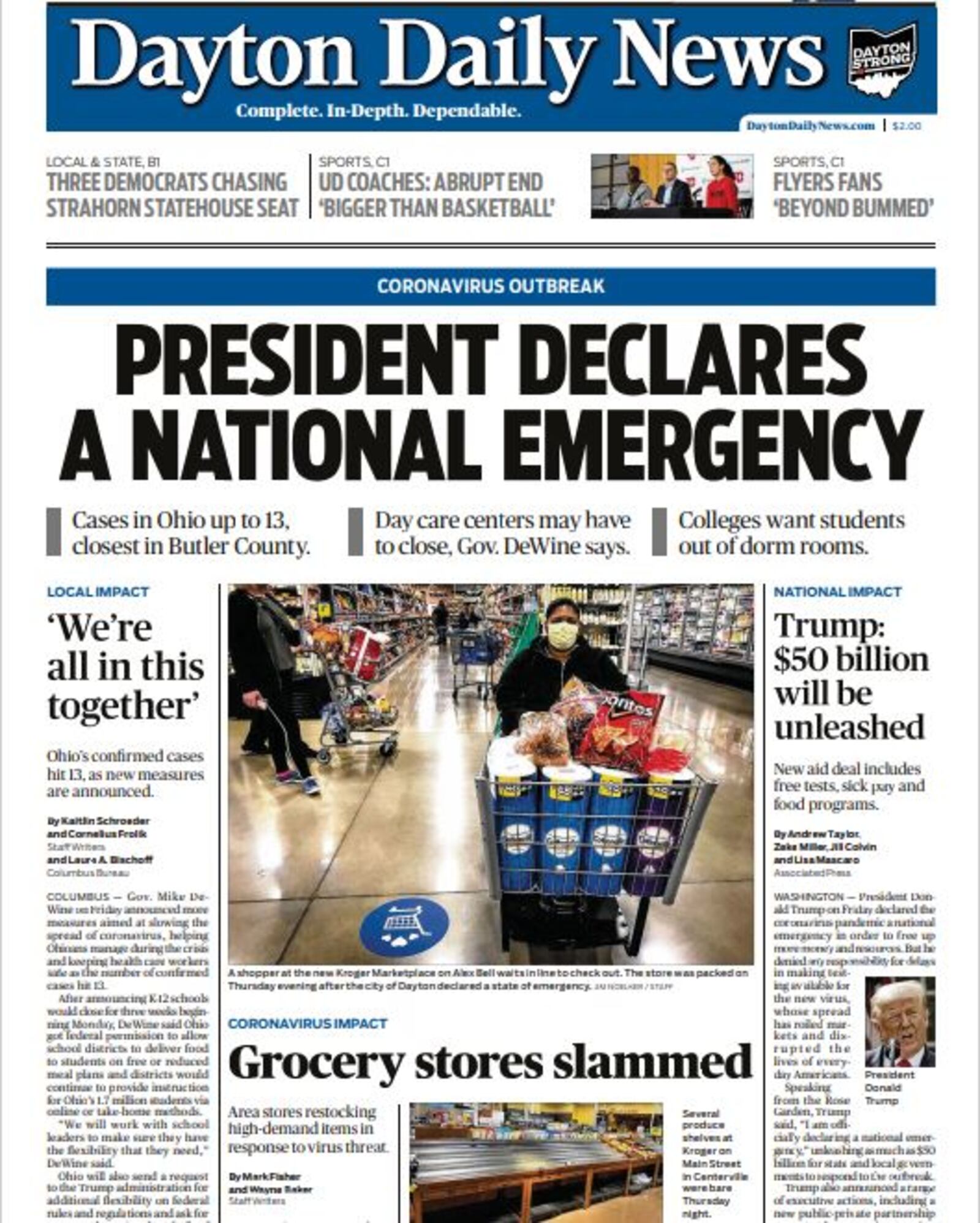 The front page of the Dayton Daily News on March 14, 2020, as the pandemic began to gain more attention locally and nationally.