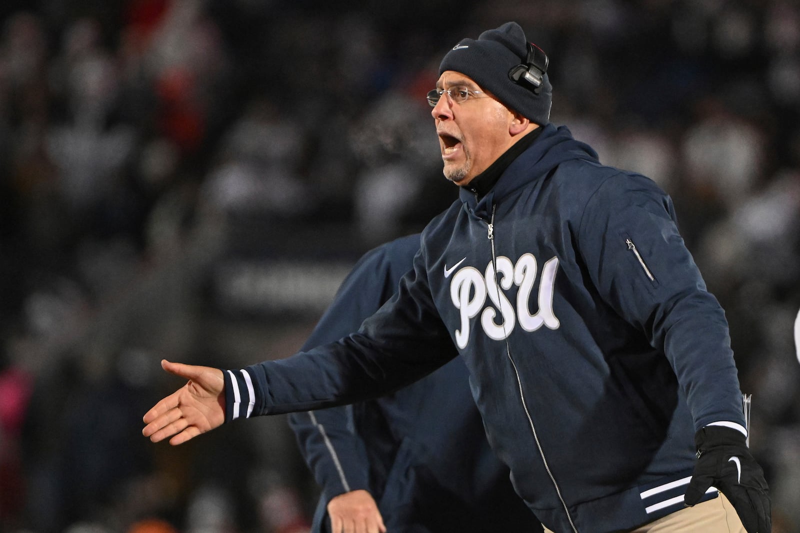 Penn State head coach James Franklin reacts during the third quarter of an NCAA college football game against Marylnad, Saturday, Nov. 30, 2024, in State College, Pa. (AP Photo/Barry Reeger)