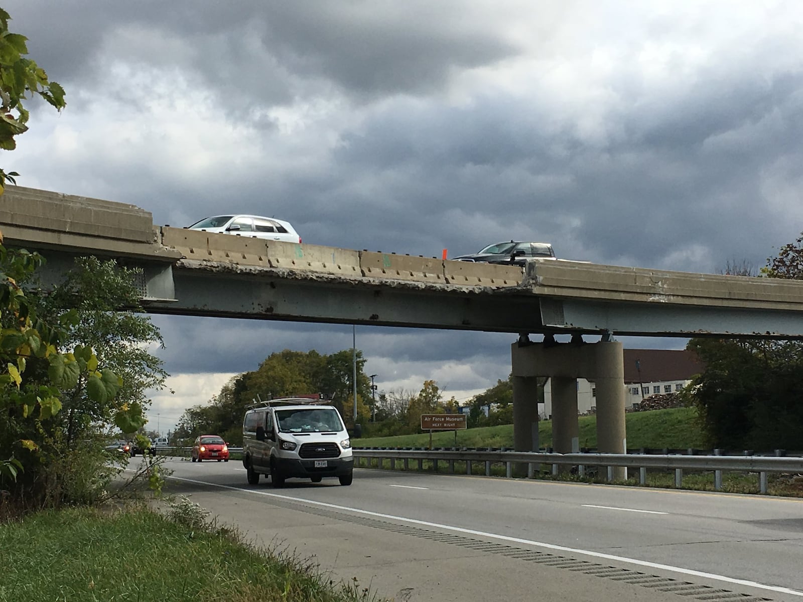 The damaged “flyover” entrance ramp from northbound Smithville Road to westbound U.S. 35 will be eliminated when the interchange is reconstructed in 2019. JEREMY P. KELLEY / STAFF