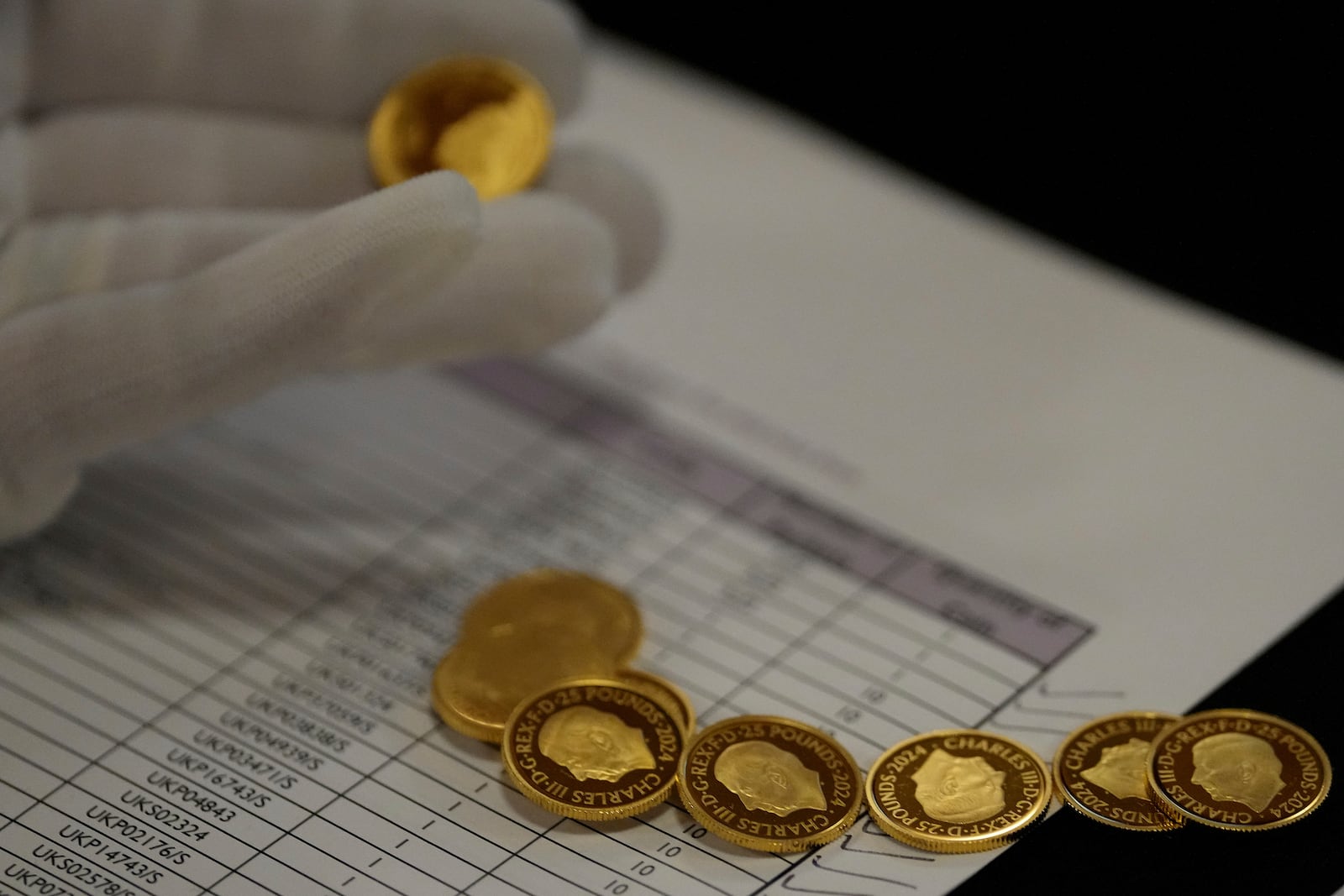 Gold coins are placed on a checking sheet during the "Trial of the Pyx,'' a ceremony that dates to the 12th Century in which coins are weighed in order to make certain they are up to standard, at the Goldsmiths' Hall in London, Tuesday, Feb. 11, 2025.(AP Photo/Frank Augstein)