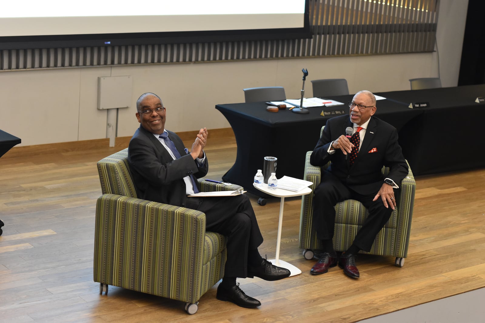 Dayton Mayor Jeffrey Mims Jr. answered questions from journalist Ray Marcano during the 2024 State of the City held Wednesday, Feb. 14, 2024, at the Dayton Metro Library. CORNELIUS FROLIK / STAFF