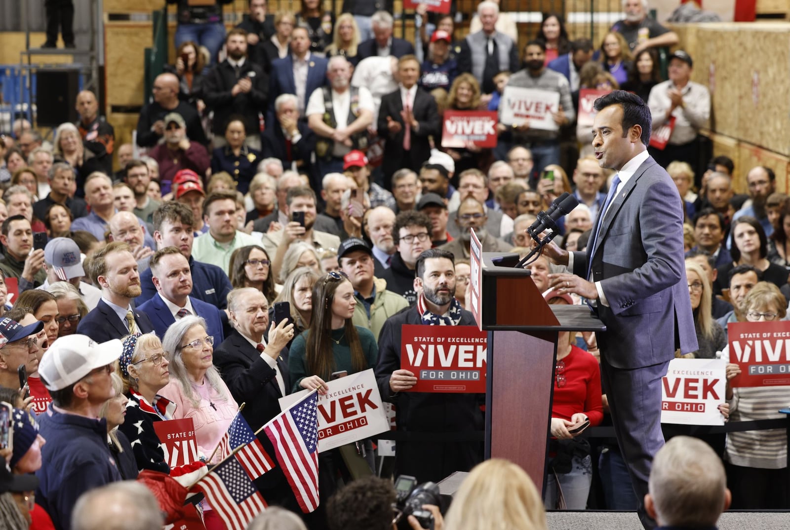 A crowd of supporters gather to hear Vivek Ramaswamy announce his candidacy for Ohio governor at this first of four stop announcement tour Monday, Feb. 24, 2025 at CTL Aerospace in West Chester Township. NICK GRAHAM/STAFF