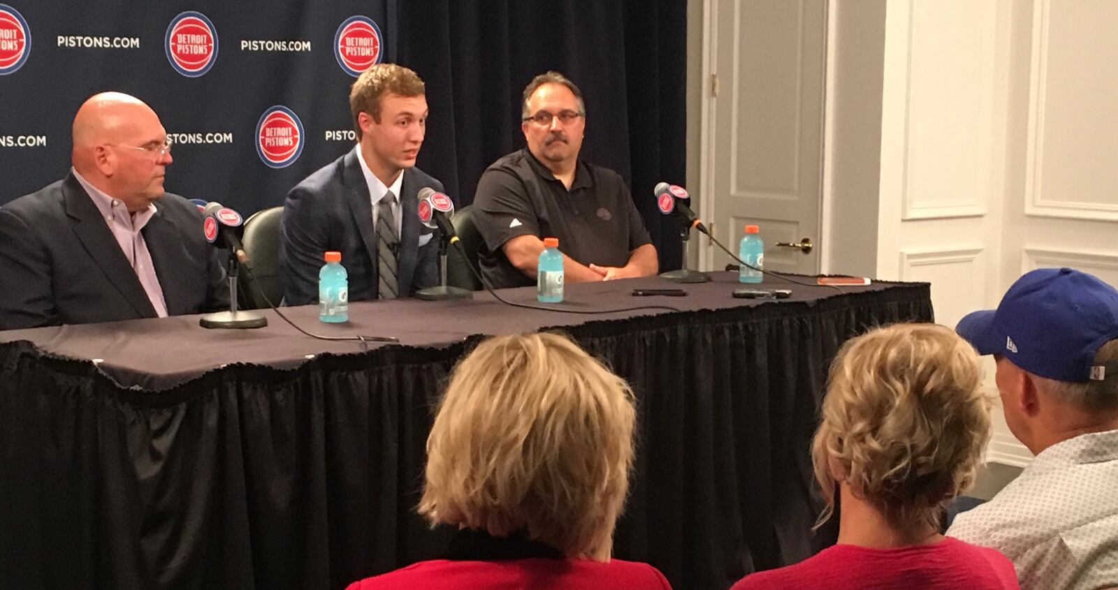 Luke Kennard speaks at a press conference with Pistons General Manager Jeff Bower, left, and head coach Stan Van Gundy, right, at The Palace of Auburn Hills on Friday, June 23, 2017, in Auburn Hills, Mich. David Jablonski/Staff