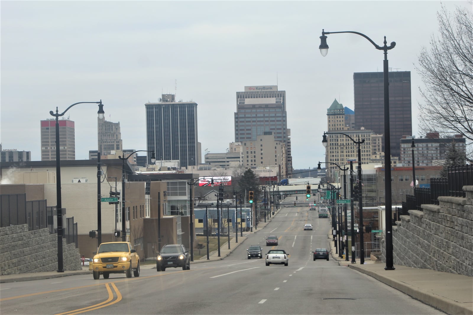 Decorative poles line South Main Street near Miami Valley Hospital. CORNELIUS FROLIK / STAFF