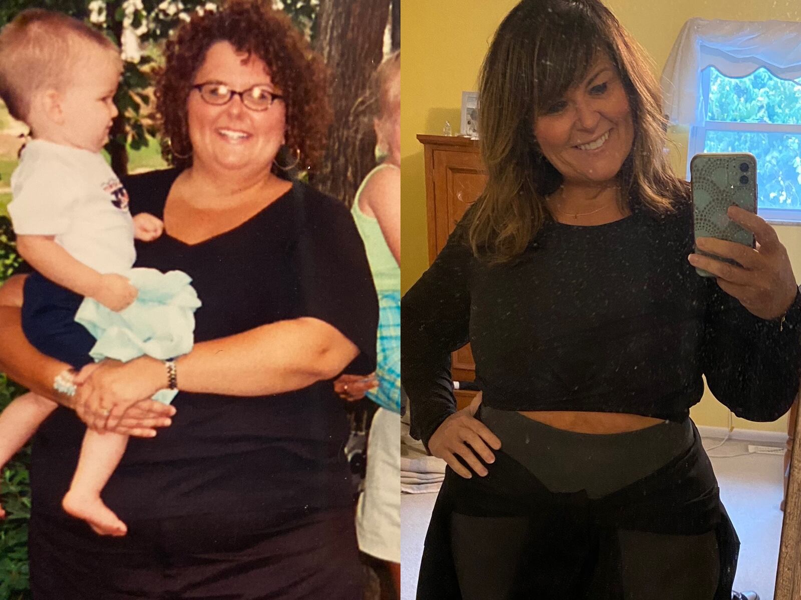 Katy Kuns is a mom to two children and was at her heaviest weight - 350 pounds, after getting married. these photos were taken 10 years apart and she is 120 pounds lighter. On the left with her son in 2002 and on the right, in 2022.