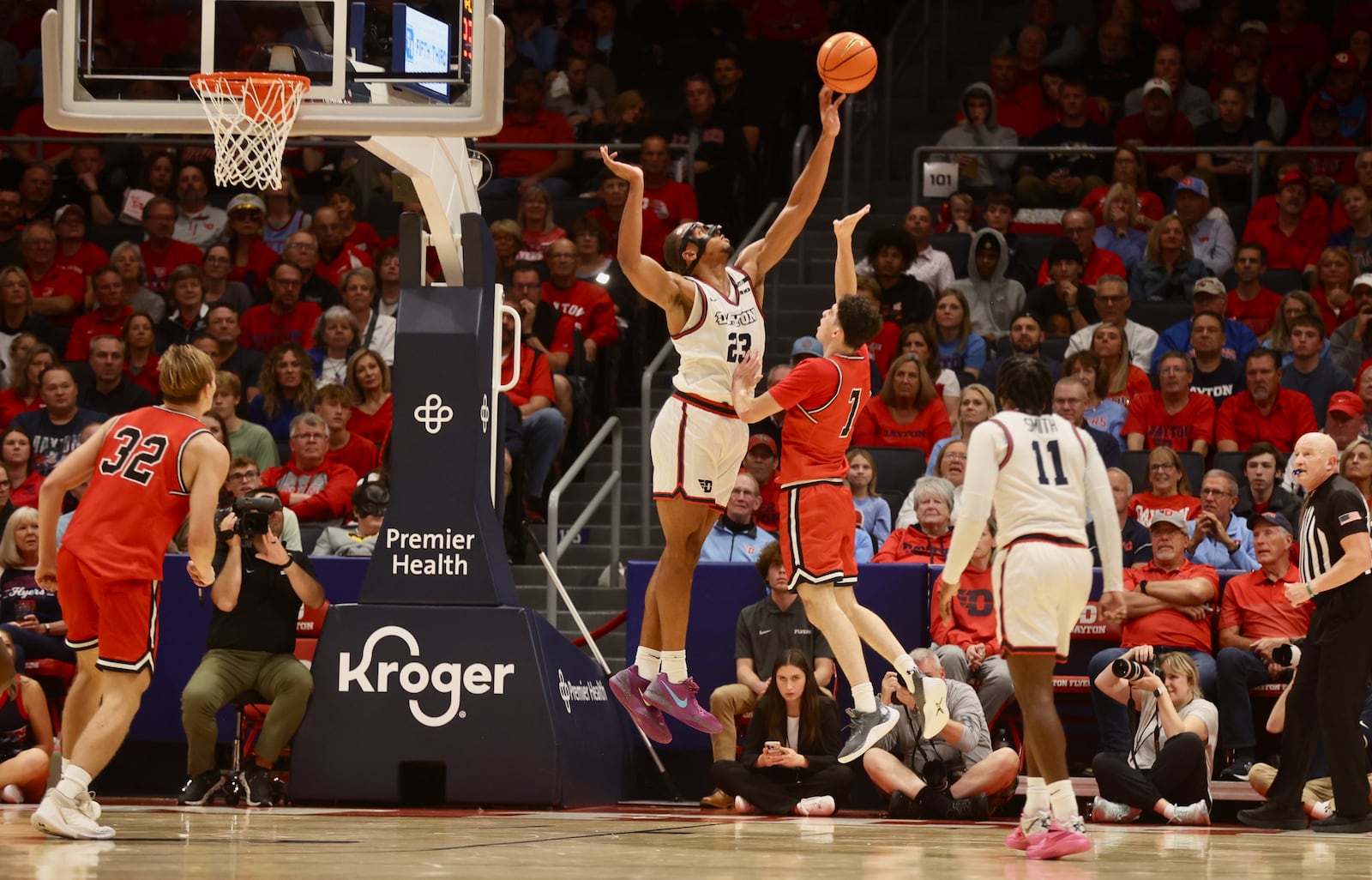 Dayton's Zed Key blocks a shot against Saint Francis on Monday, Nov. 4, 2024, at UD Arena. David Jablonski/Staff