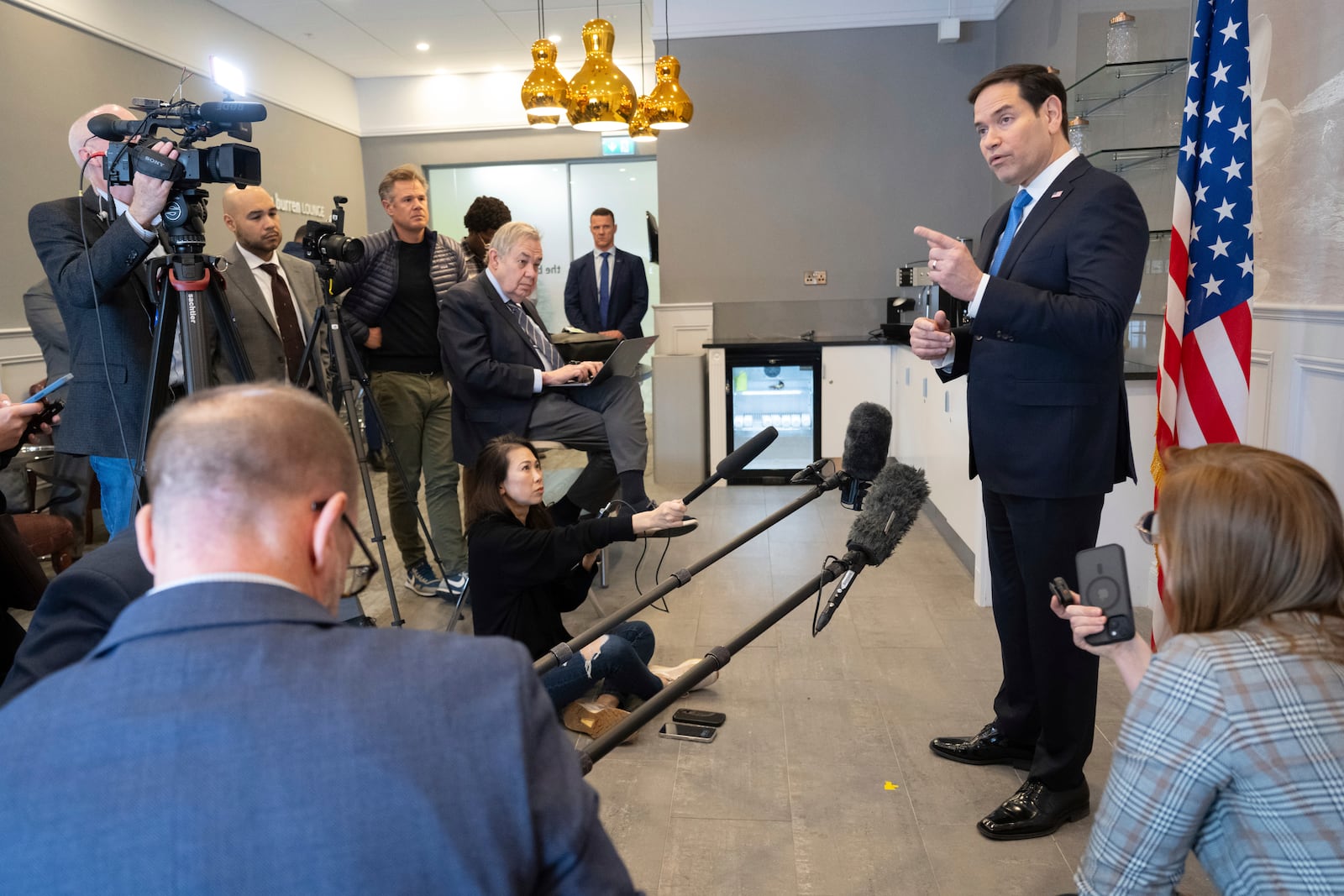 US Secretary of State Marco Rubio speaks to the media during a refueling stop at Shannon Airport in Shannon, Ireland, on Wednesday, March 12, 2025. (Saul Loeb/Pool Photo via AP)