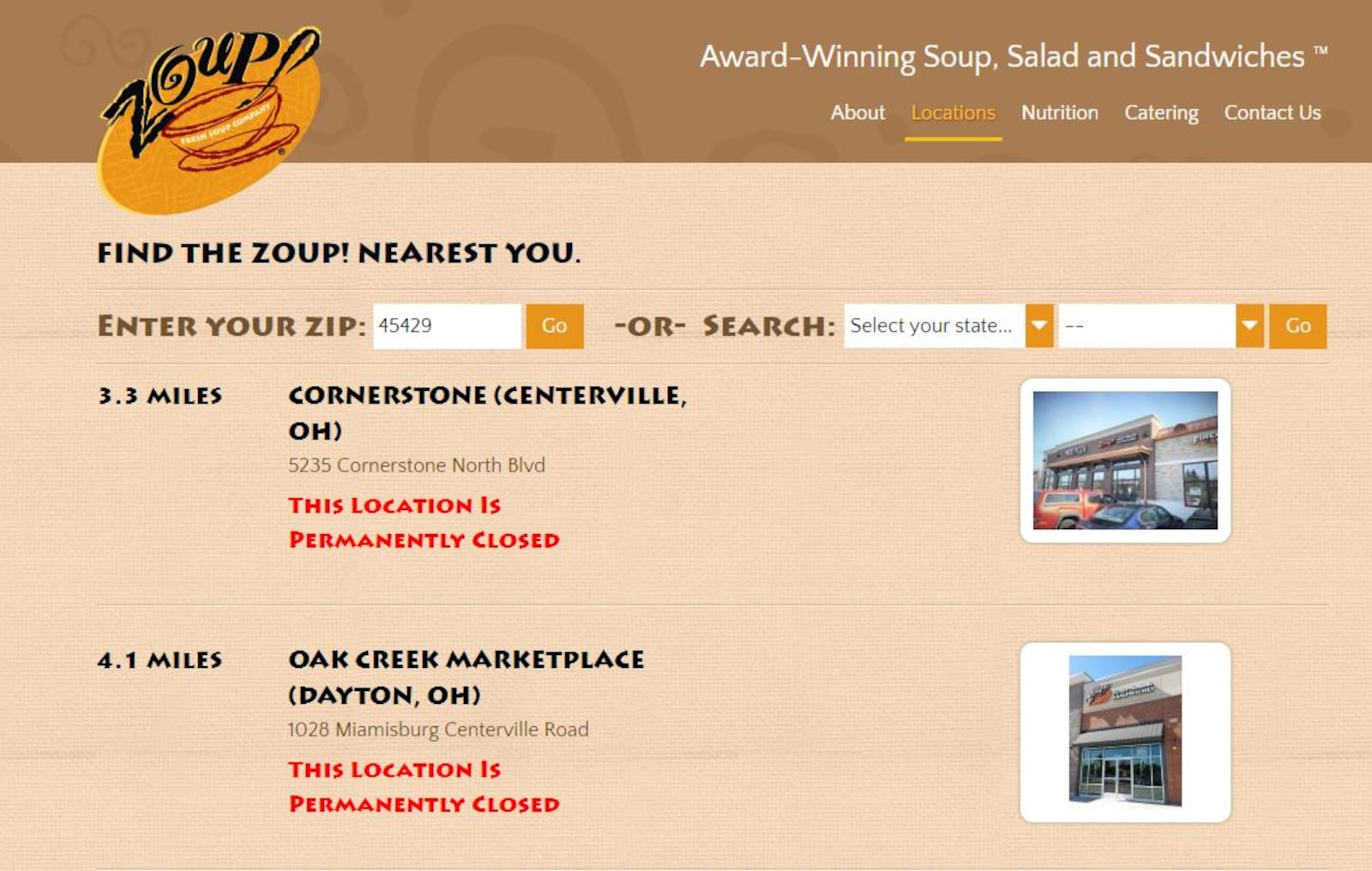 A screen-grab image from Zoup's web site today, May 22.