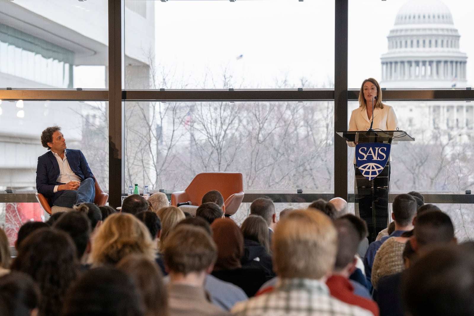 In this image provided by Johns Hopkins University, European Parliament President Roberta Metsola speaks at Johns Hopkins University, Thursday, Feb. 27, 2025, in Washington. (Kaveh Sardari/Johns Hopkins University via AP)