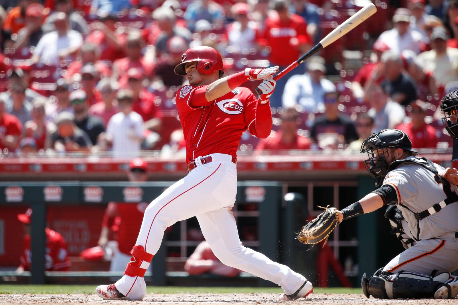 CINCINNATI, OH - MAY 06: Jose Iglesias #4 of the Cincinnati Reds hits a single to left field to drive in two runs in the sixth inning against the San Francisco Giants at Great American Ball Park on May 6, 2019 in Cincinnati, Ohio. The Reds won 12-4. (Photo by Joe Robbins/Getty Images)