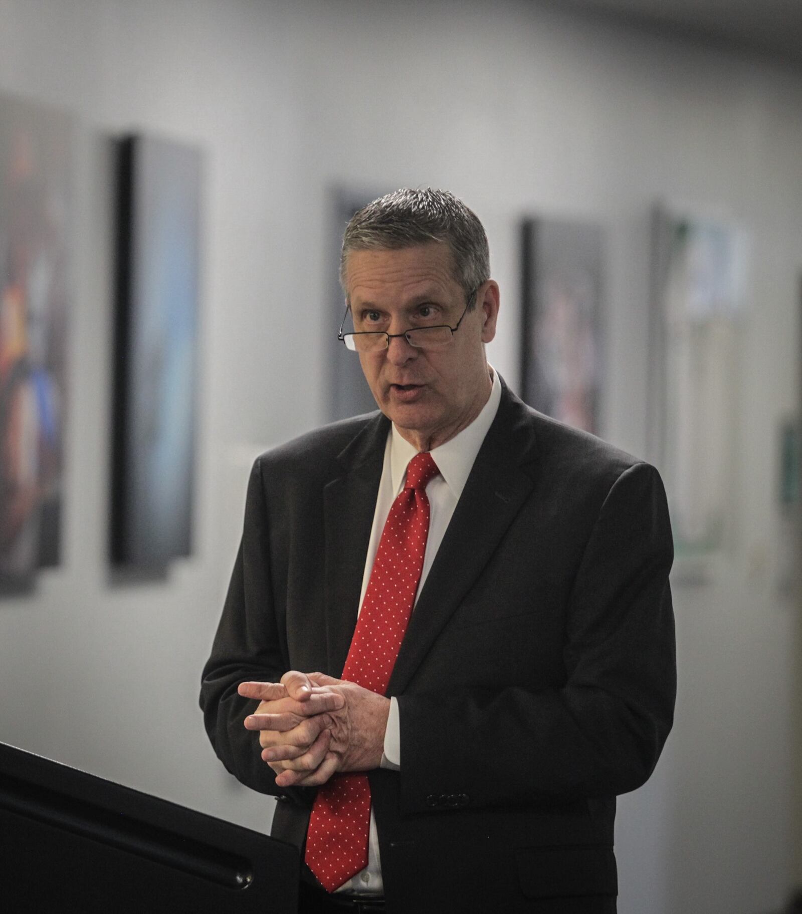 Dayton Dragons President and General Manager, Robert Murphy talks to the media about opening day 2021. JIM NOELKER/STAFF