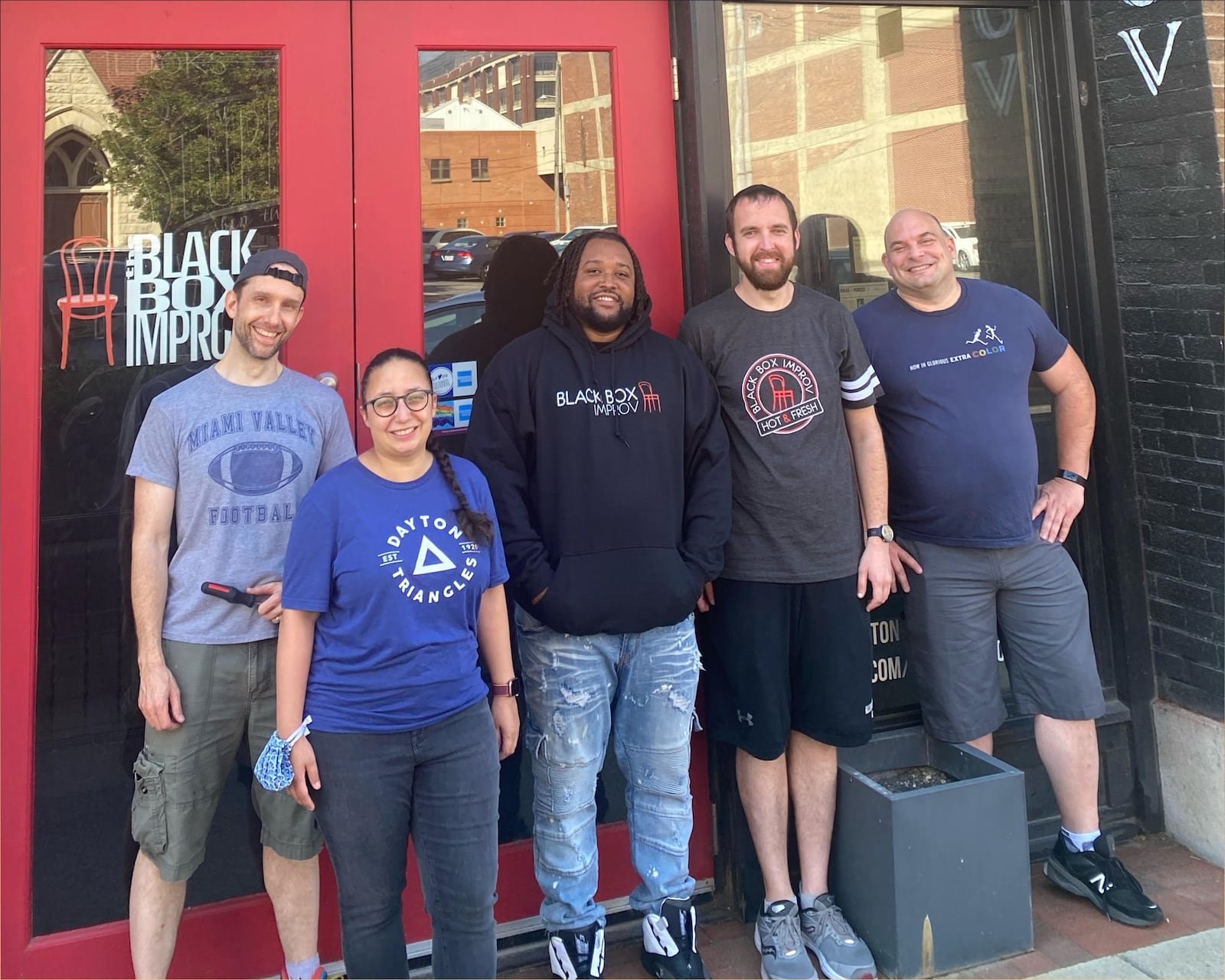 Some of the owners of Black Box Improv Theater, (left to right) Bryan Lakatos, Othalia Larue, Kevin Carter, James Fritchman and Garret Geilenfeldt, outside the intimate comedy venue. CONTRIBUTED 