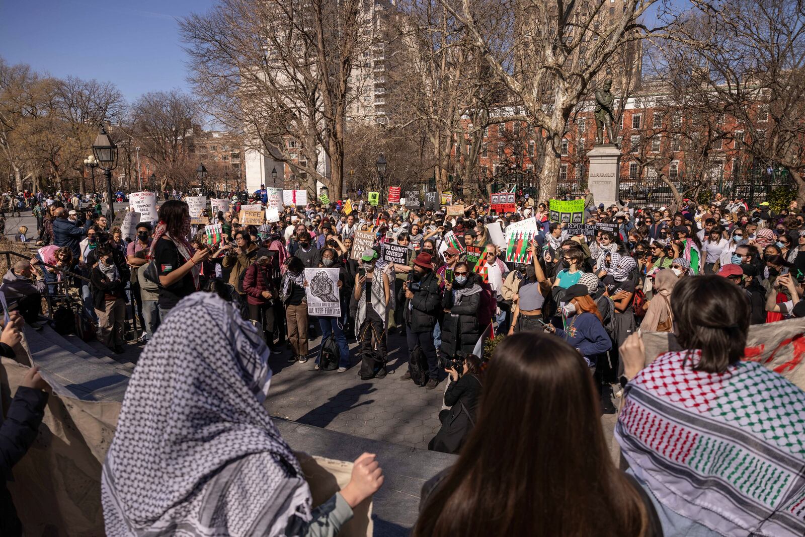 Protesters demonstrate in support of Palestinian activist Mahmoud Khalil at Washington Square Park, Tuesday, March 11, 2025, in New York. (AP Photo/Yuki Iwamura)